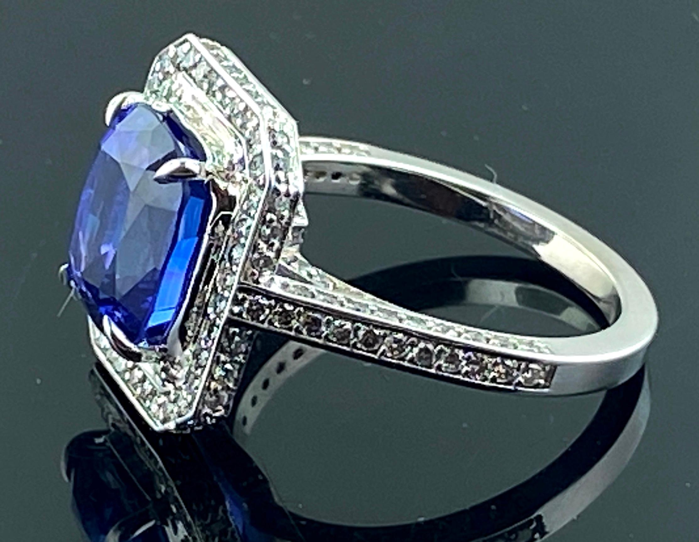 Square Cut 18 Kt White Gold 4.21 Carat Tanzanite and Diamond Ring For Sale