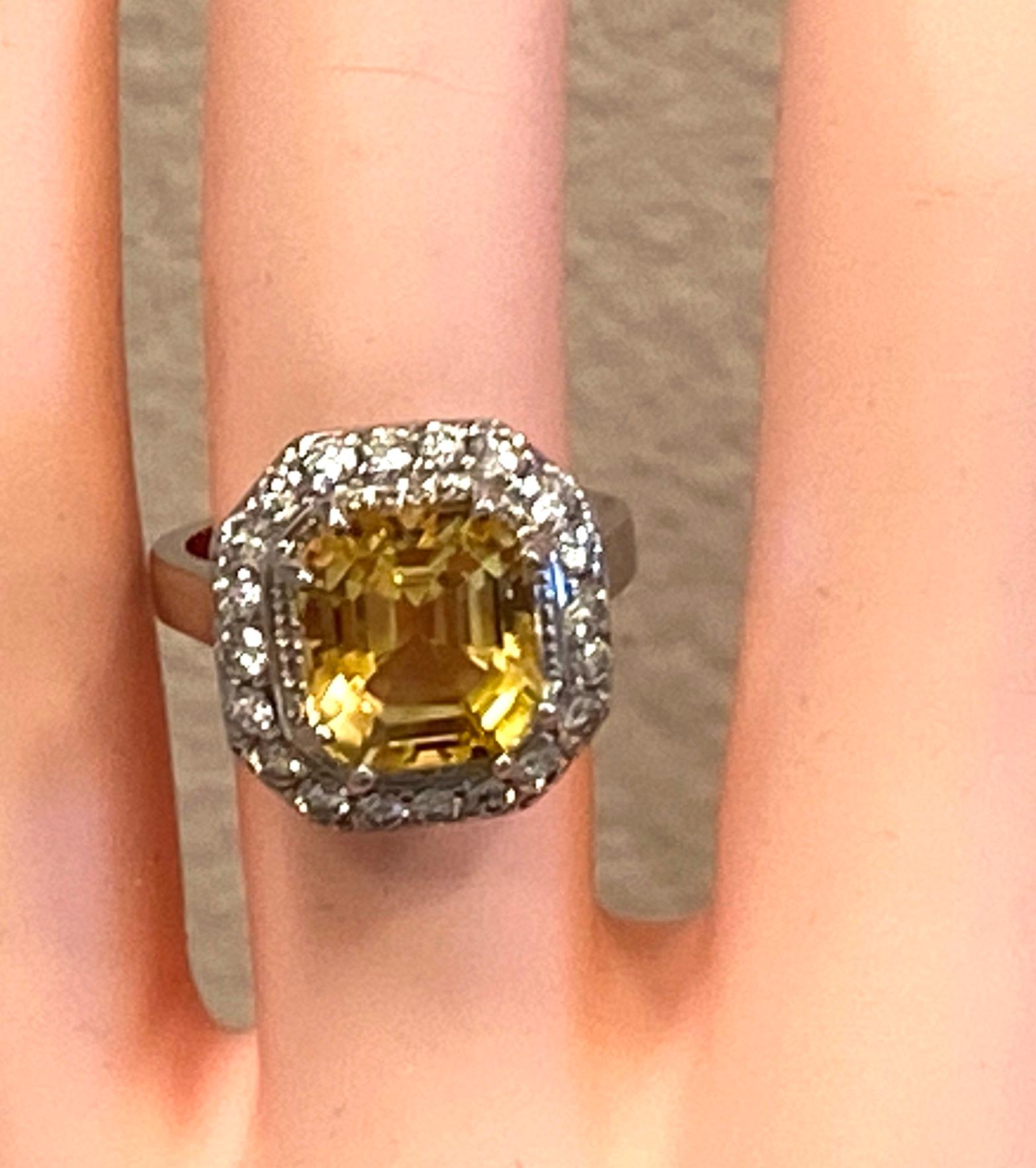 Women's or Men's 18 Karat White Gold 4.84 Carat Citrine and Diamond Ring