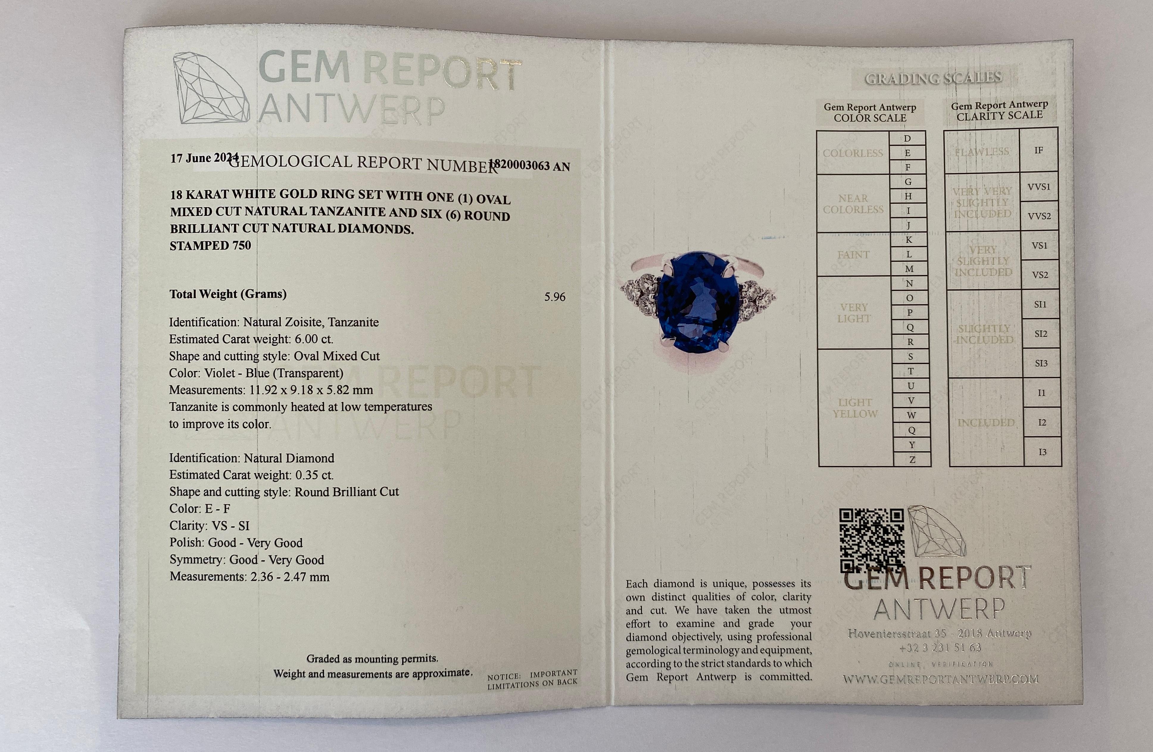 18 kt Weißgold 6,00 Karat Tansanit und Diamant Cocktail-Ring 6