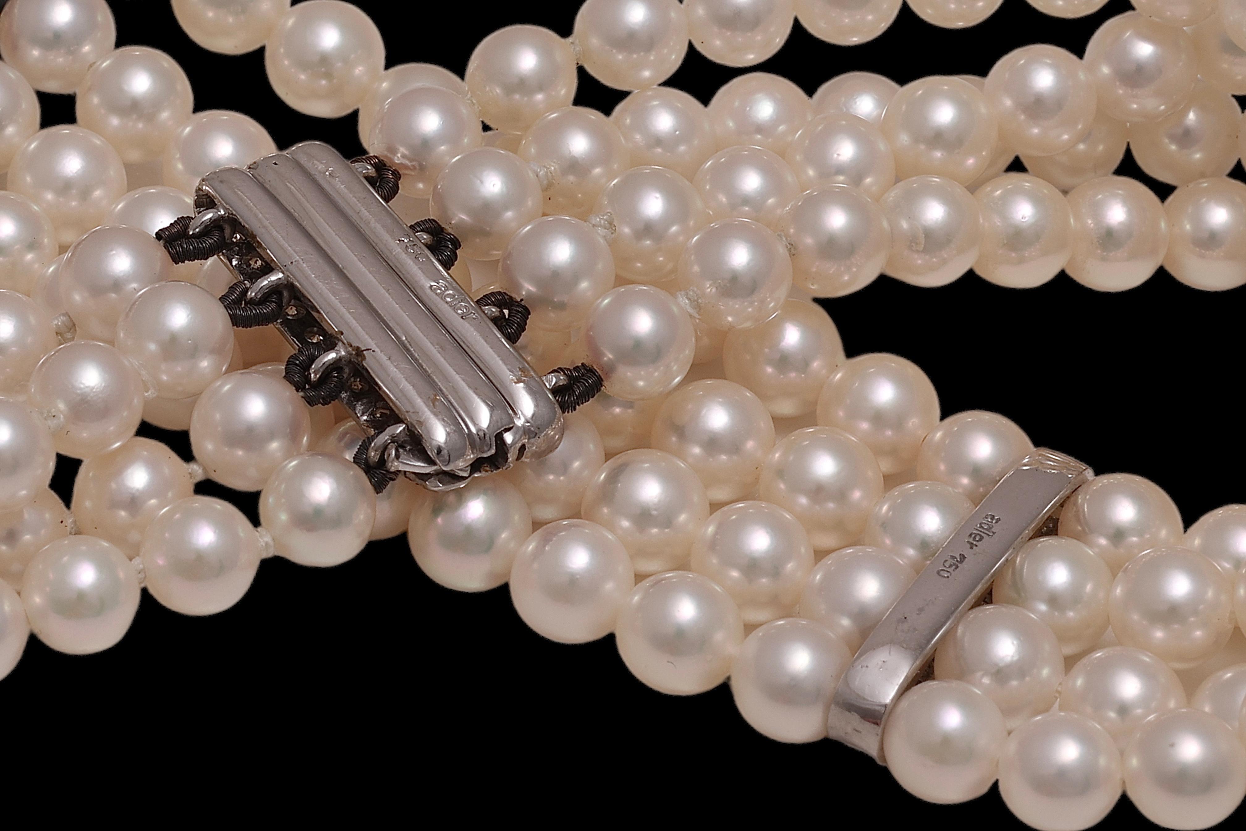 18 kt. White Gold Adler Genève 4 Strand Pearl Necklace Choker & Diamond Pendant For Sale 4