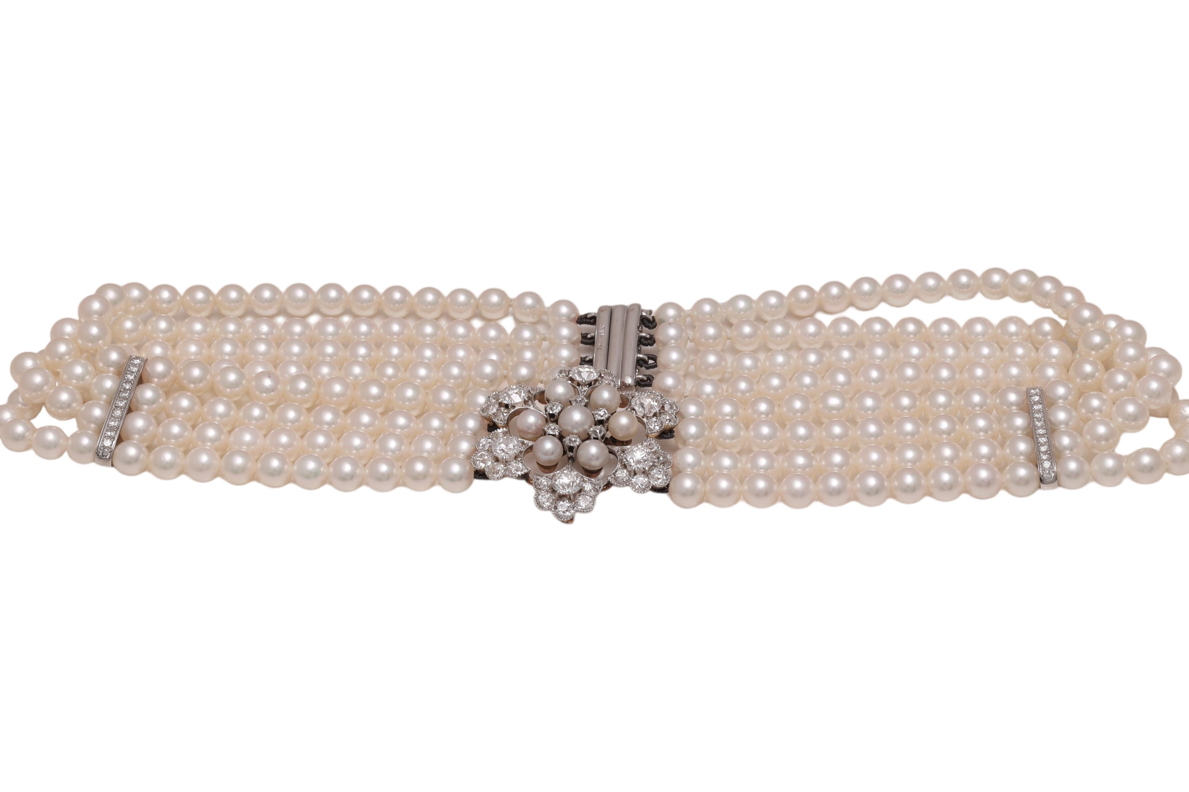 18 kt. White Gold Adler Genève 4 Strand Pearl Necklace Choker & Diamond Pendant For Sale 5