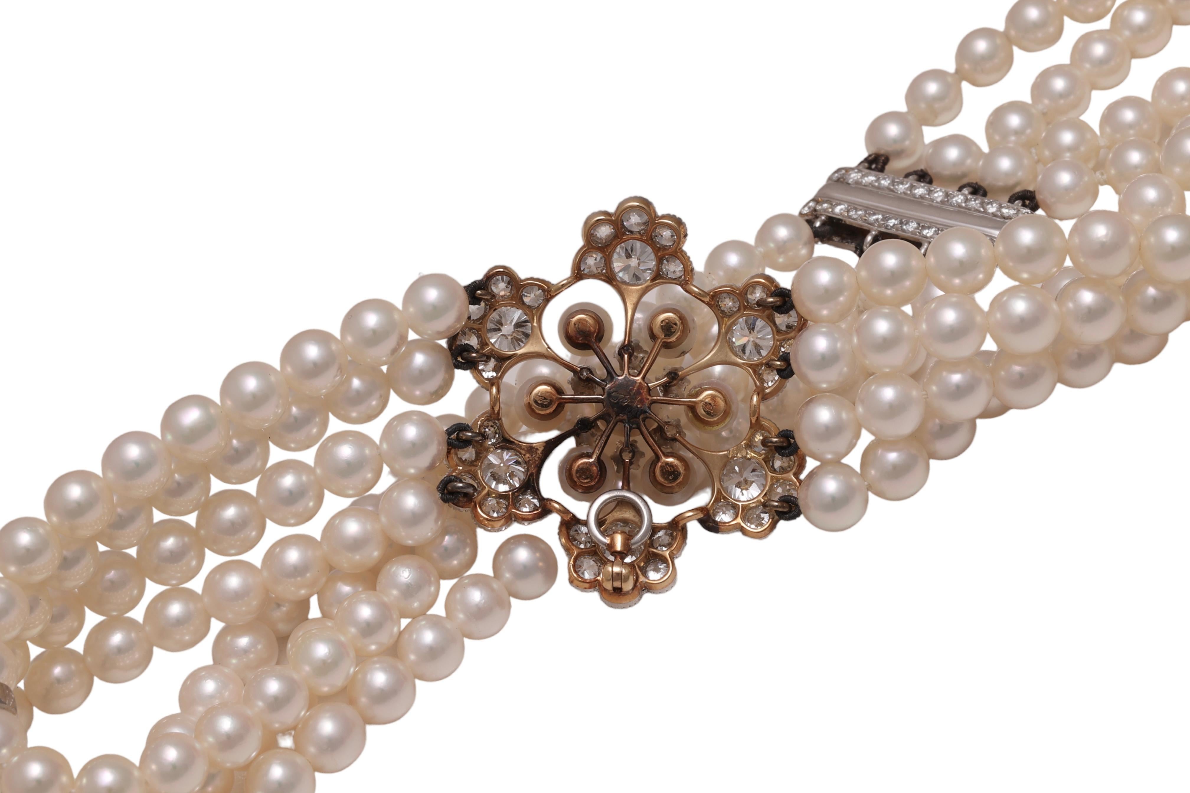 18 kt. White Gold Adler Genève 4 Strand Pearl Necklace Choker & Diamond Pendant For Sale 6