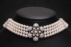 18 kt. Weißgold Adler Genève 4 Strang Perlenkette Choker & Diamant-Anhänger