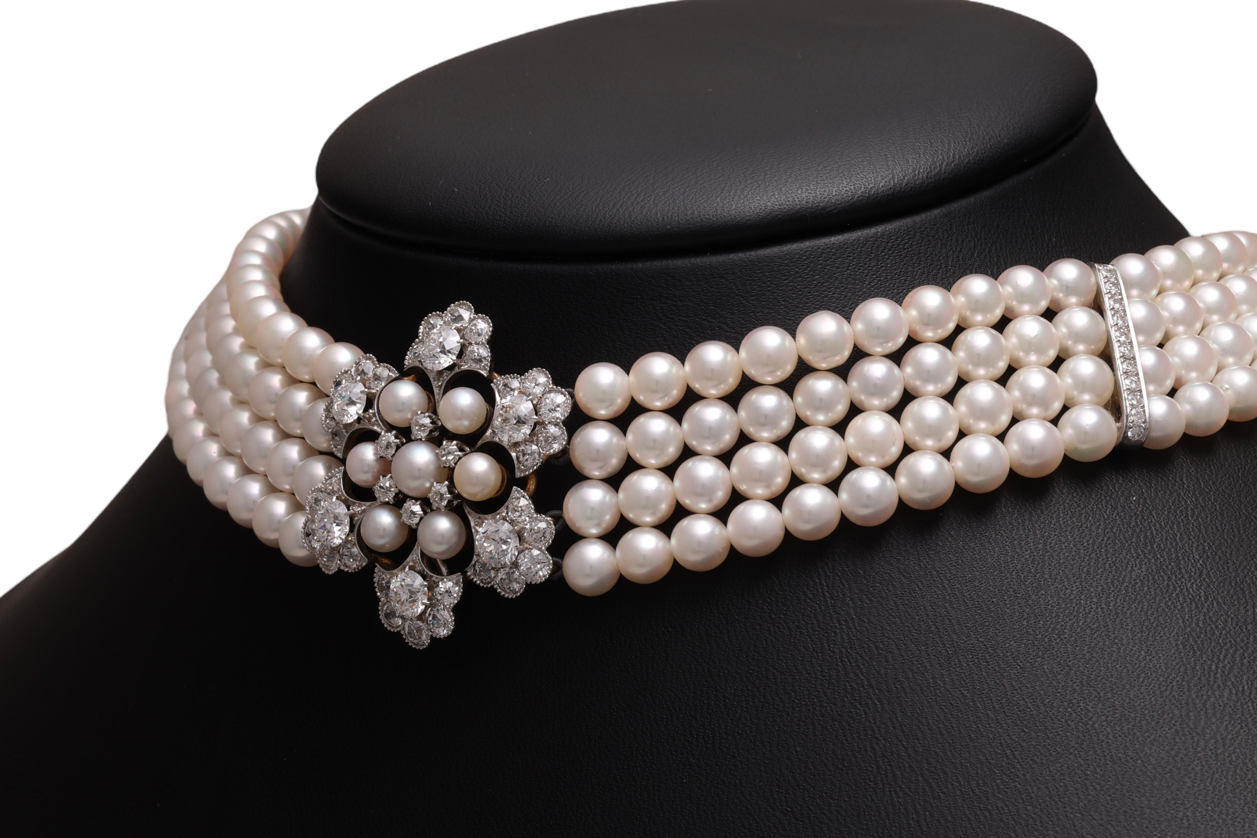Artisan 18 kt. White Gold Adler Genève 4 Strand Pearl Necklace Choker & Diamond Pendant For Sale
