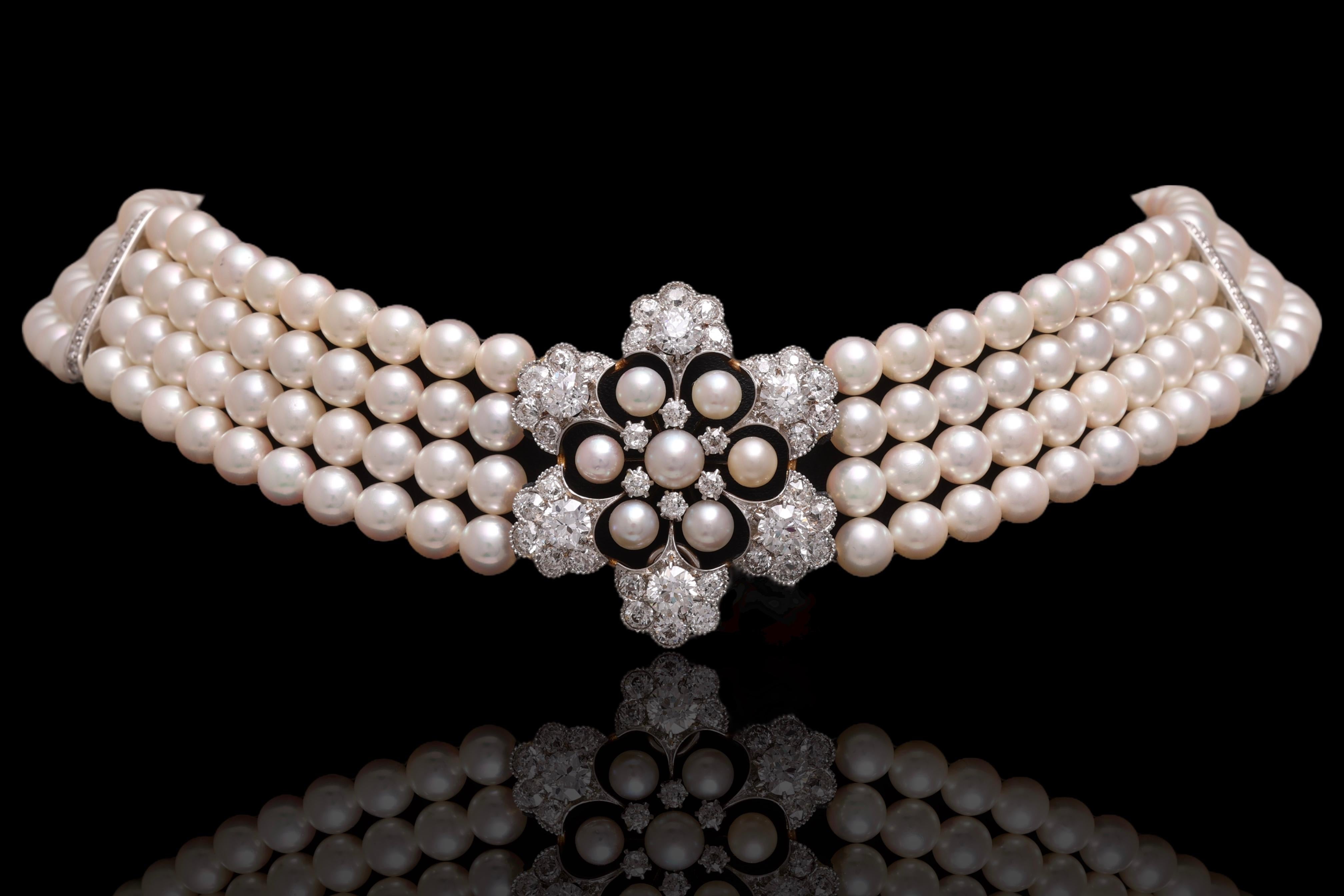18 kt. White Gold Adler Genève 4 Strand Pearl Necklace Choker & Diamond Pendant For Sale 1