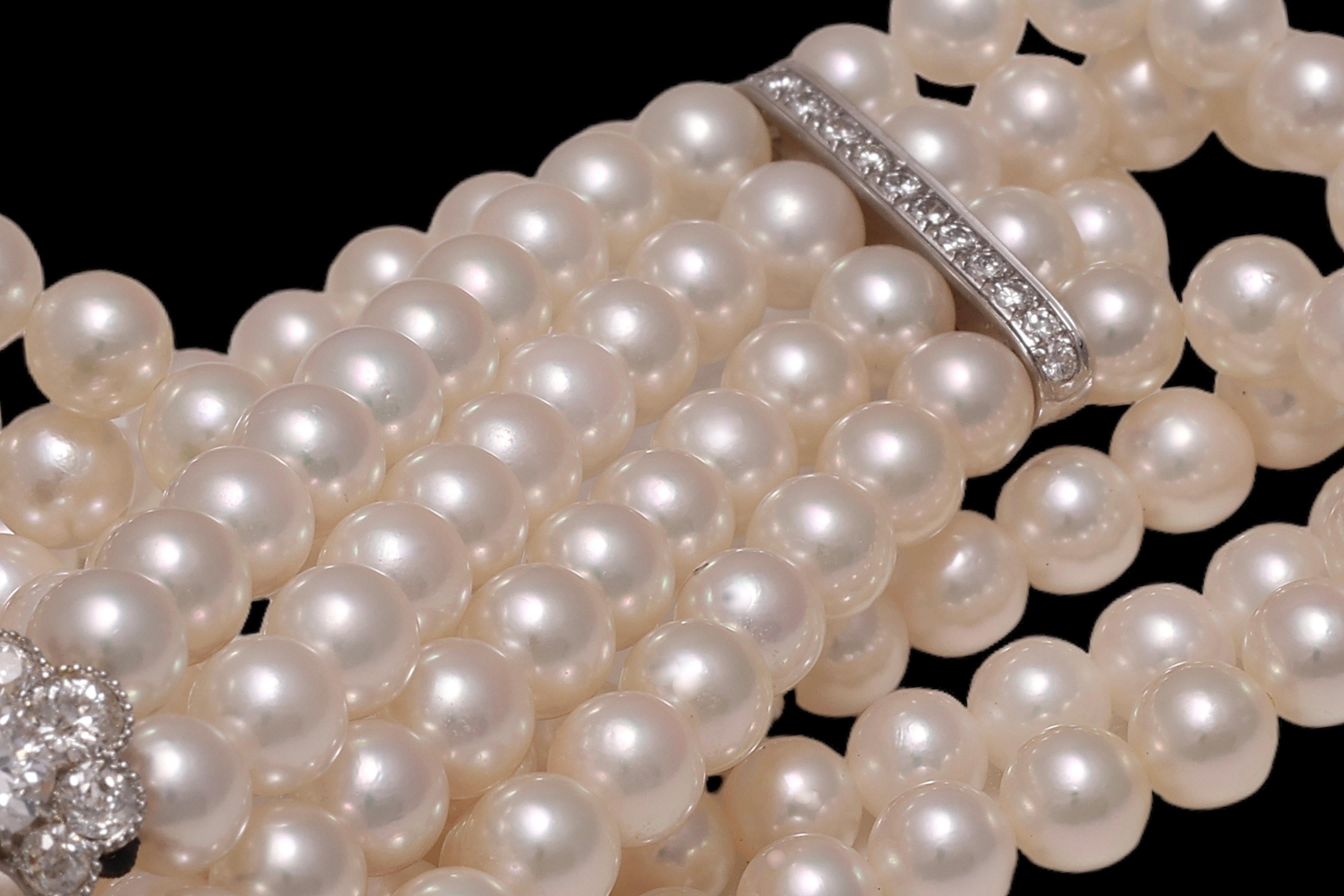 18 kt. White Gold Adler Genève 4 Strand Pearl Necklace Choker & Diamond Pendant For Sale 3