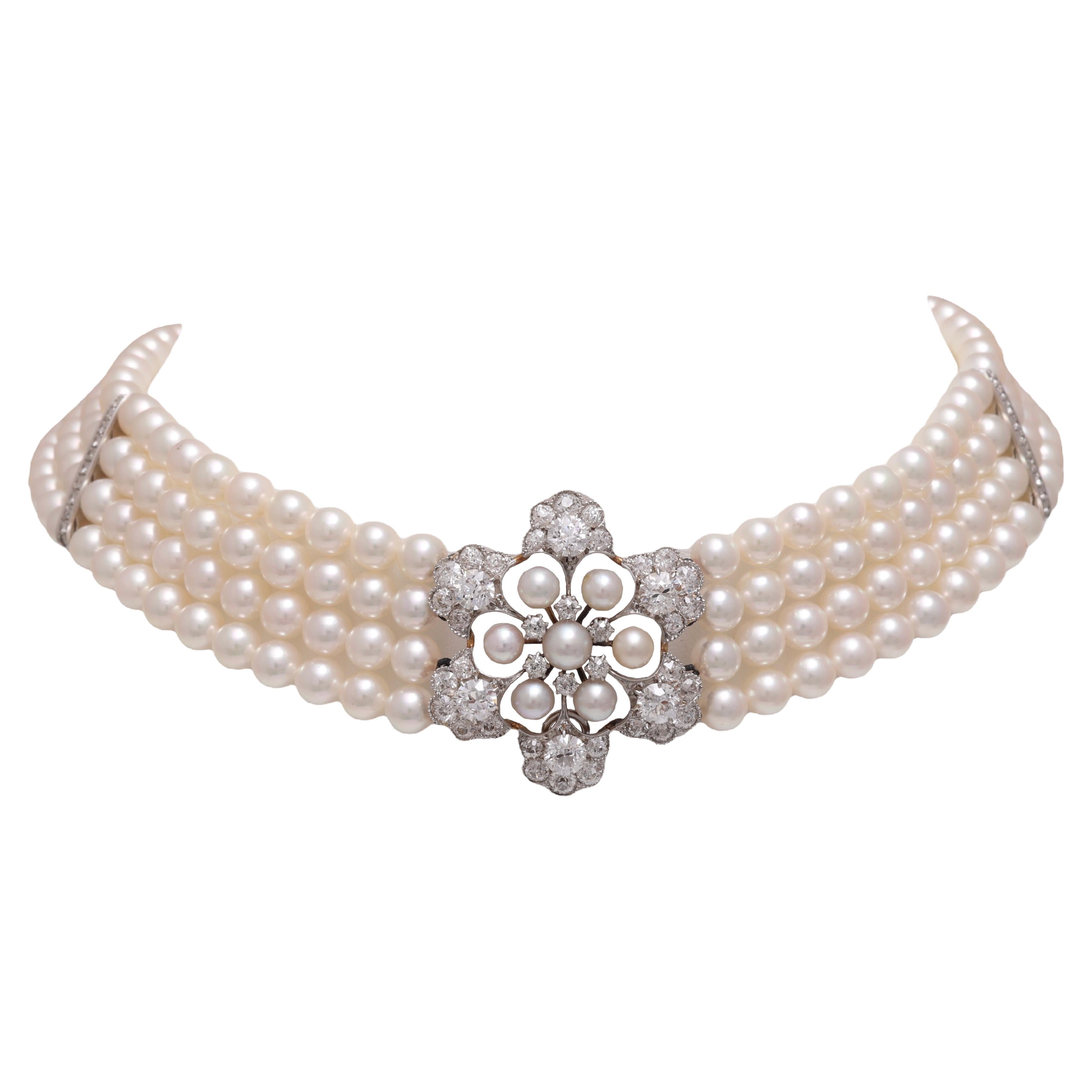 18 kt. White Gold Adler Genève 4 Strand Pearl Necklace Choker & Diamond Pendant For Sale