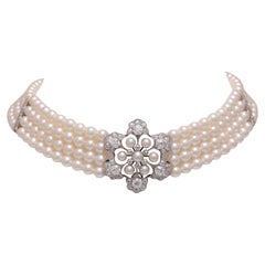 18 kt. White Gold Adler Genève 4 Strand Pearl Necklace Choker & Diamond Pendant