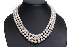 18 kt. White Gold Akoya Degradé Pearls and Diamonds 3 Strand Necklace