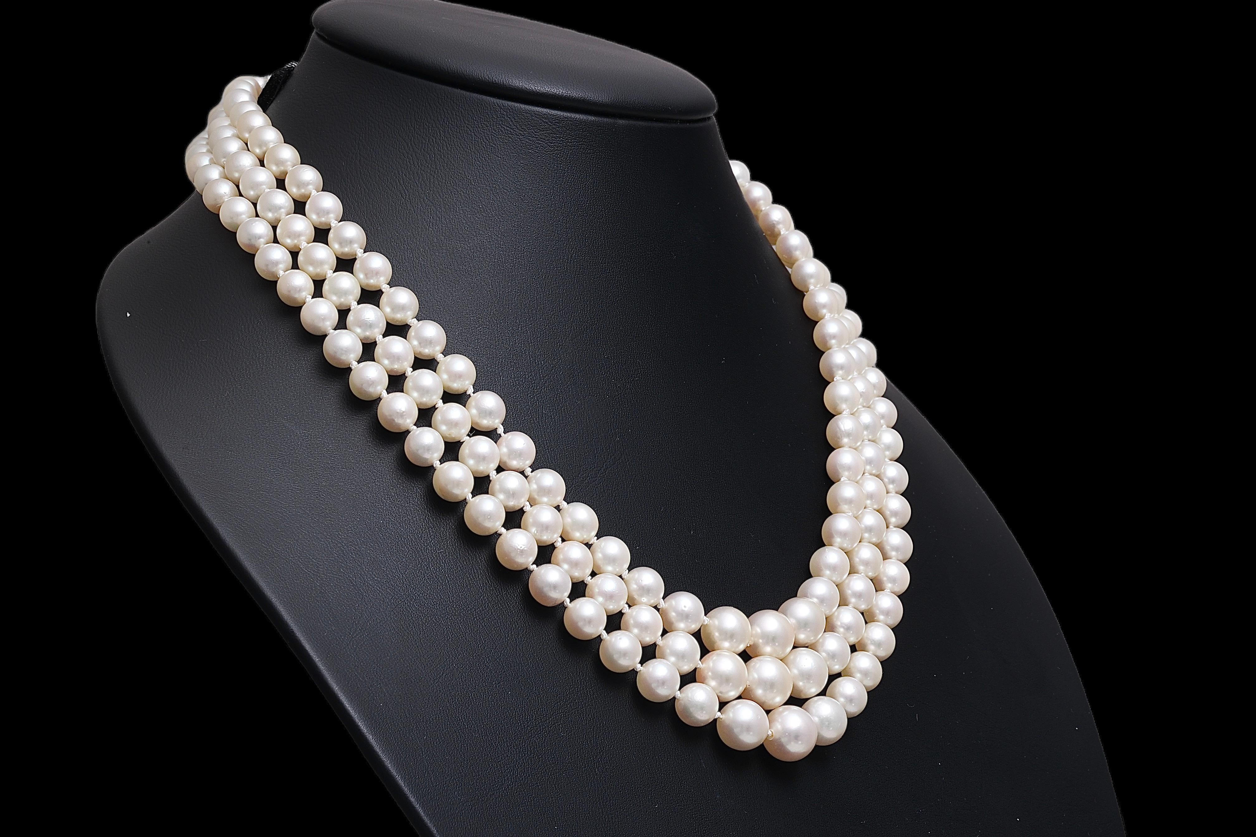 Artisan 18 kt. White Gold Akoya Degradé Pearls and Diamonds 3 Strand Necklace For Sale