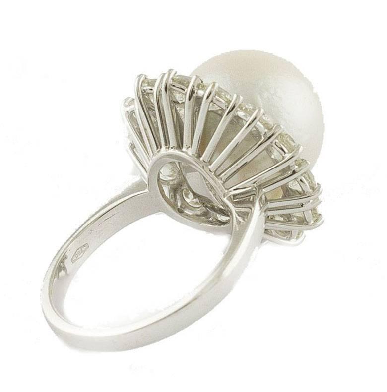 Contemporary 3, 32 carat Diamonds Australian Pearl 18 kt  White Gold Cluster Ring For Sale