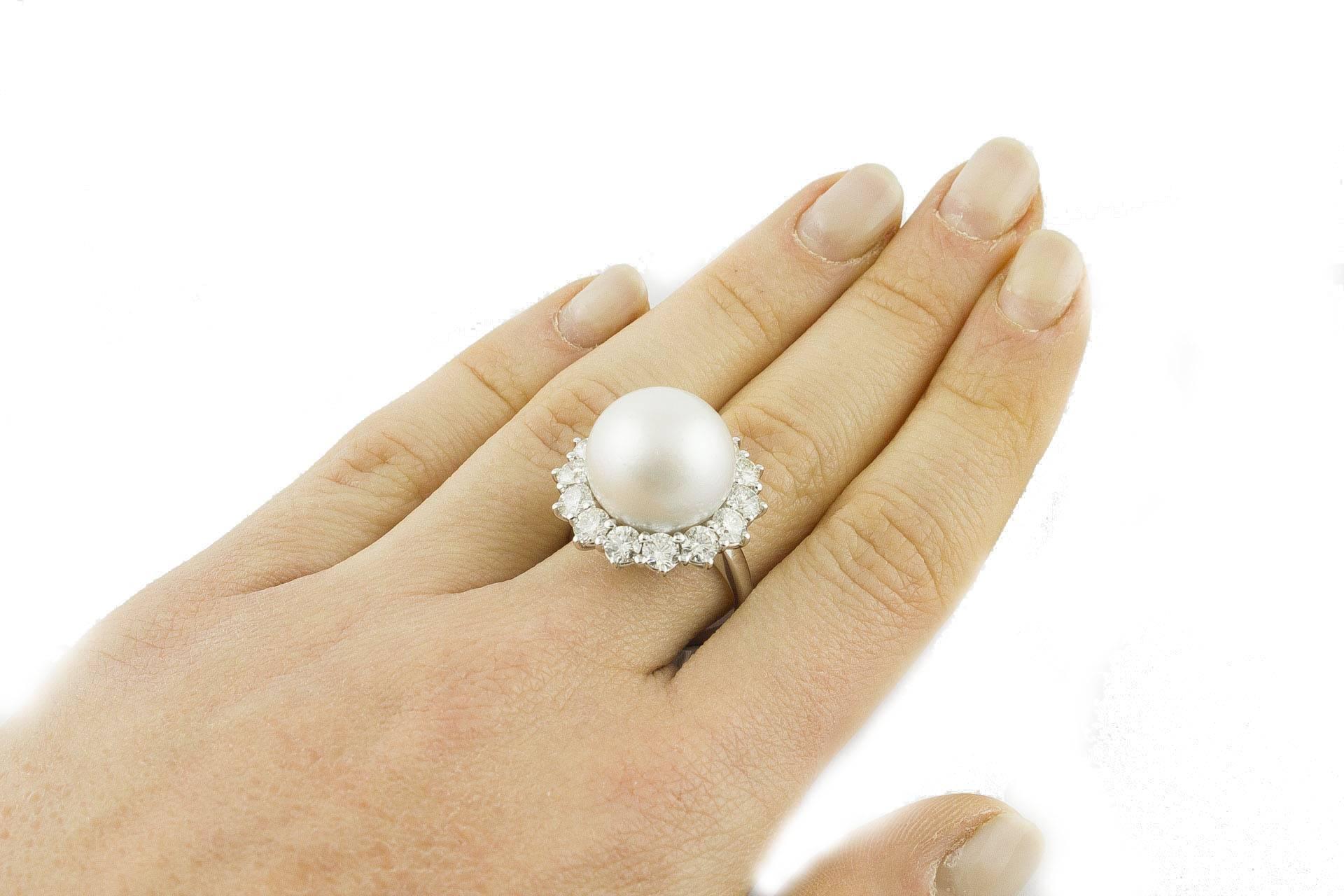 3, 32 carat Diamonds Australian Pearl 18 kt  White Gold Cluster Ring For Sale 1