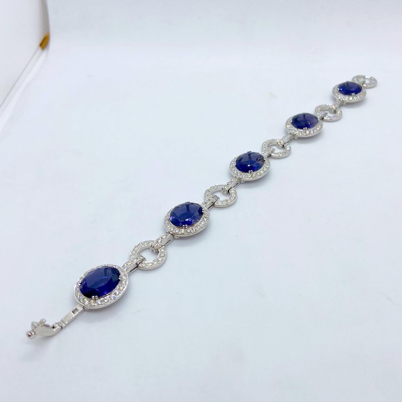 Oval Cut 18 Karat White Gold and Diamond Bracelet with 15.18 Carat Oval Iolite For Sale