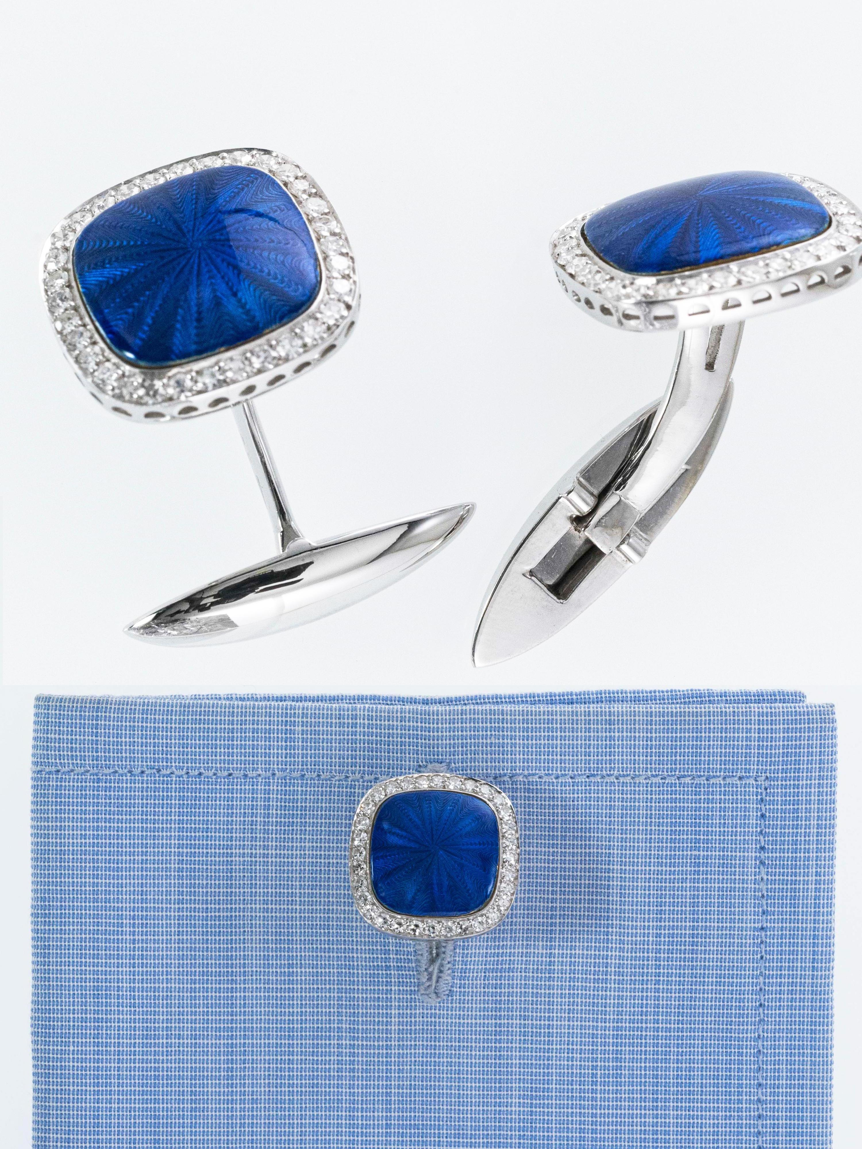 18 Kt White Gold and Diamonds Cloisonnè Enamel Cufflinks In New Condition For Sale In Cattolica, IT