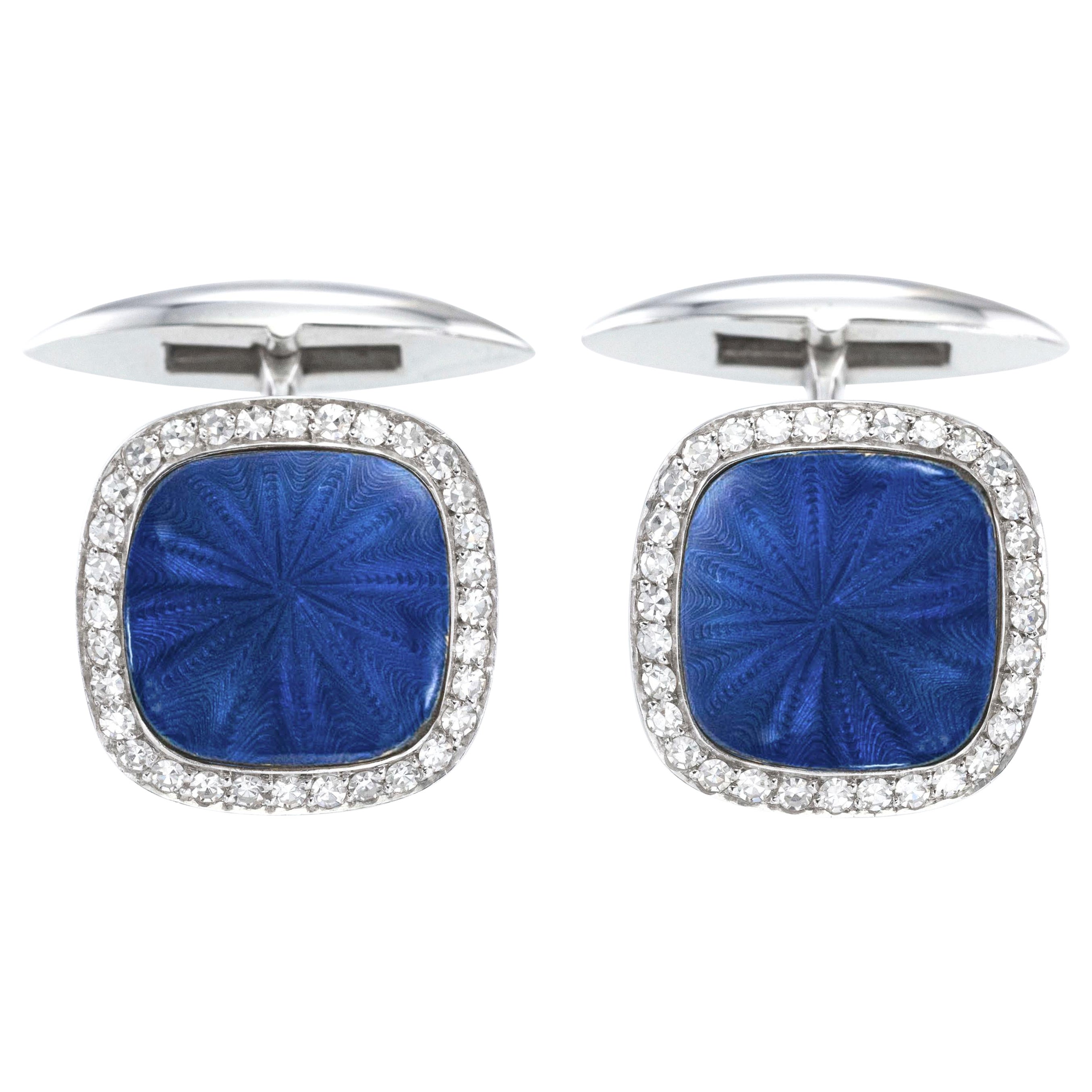 Boutons de manchette en or blanc 18 carats et diamants en émail cloisonné