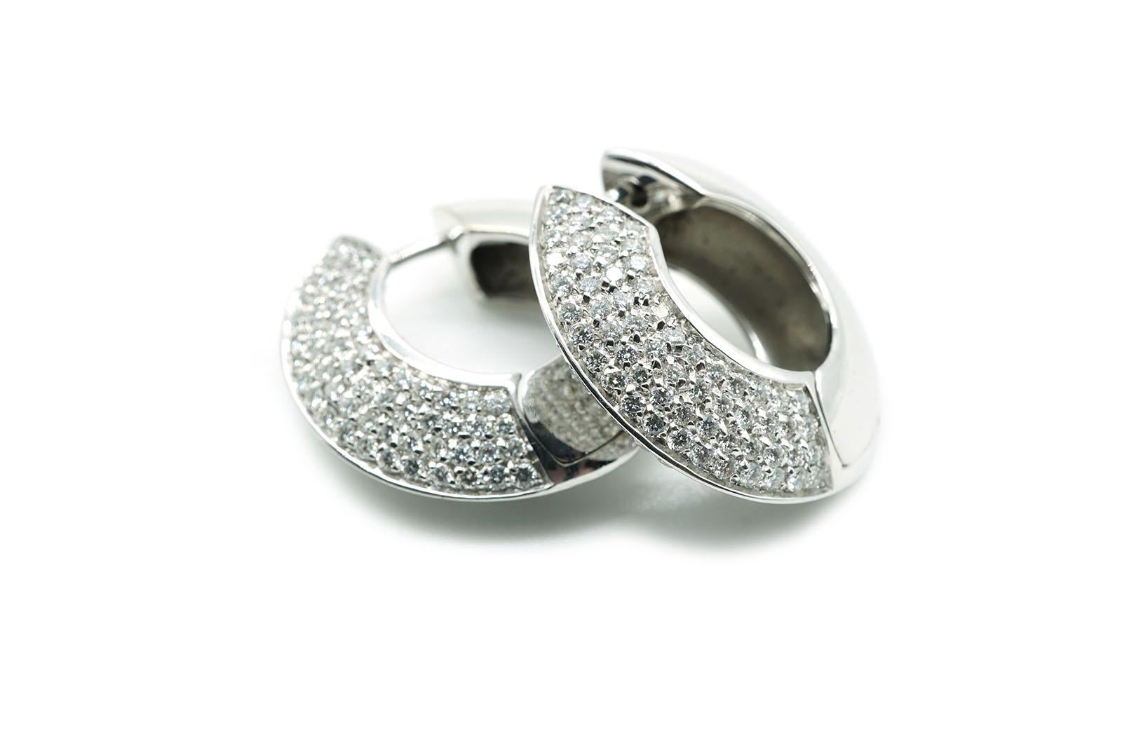 Contemporary 18 Kt White Gold and Diamonds Disc Shaped Hoop Earrings For Sale