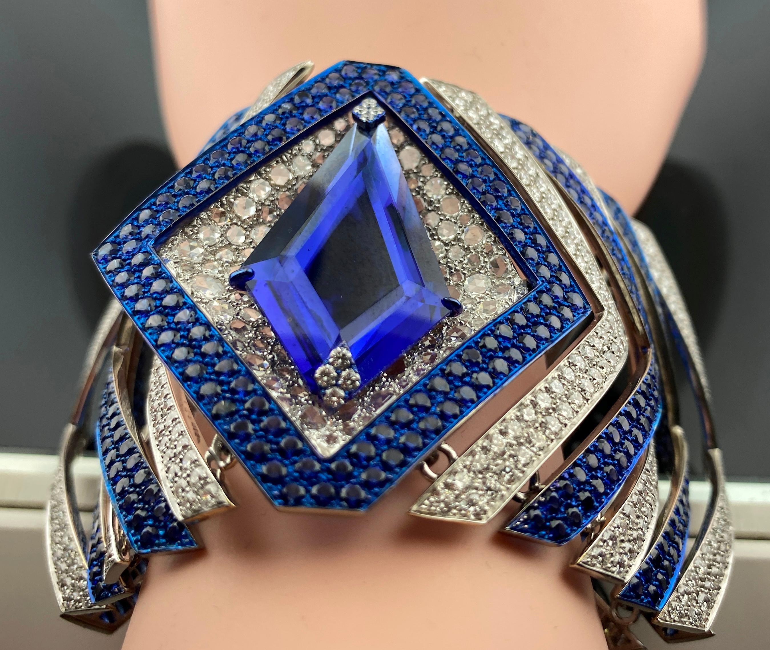 18 Karat White Gold and Tanzanite Diamond and Blue Sapphire Bracelet For Sale 1
