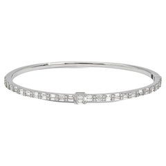 18 Kt White Gold Baguette Diamond Bangle Bracelet, Double Line Woman Bracelet