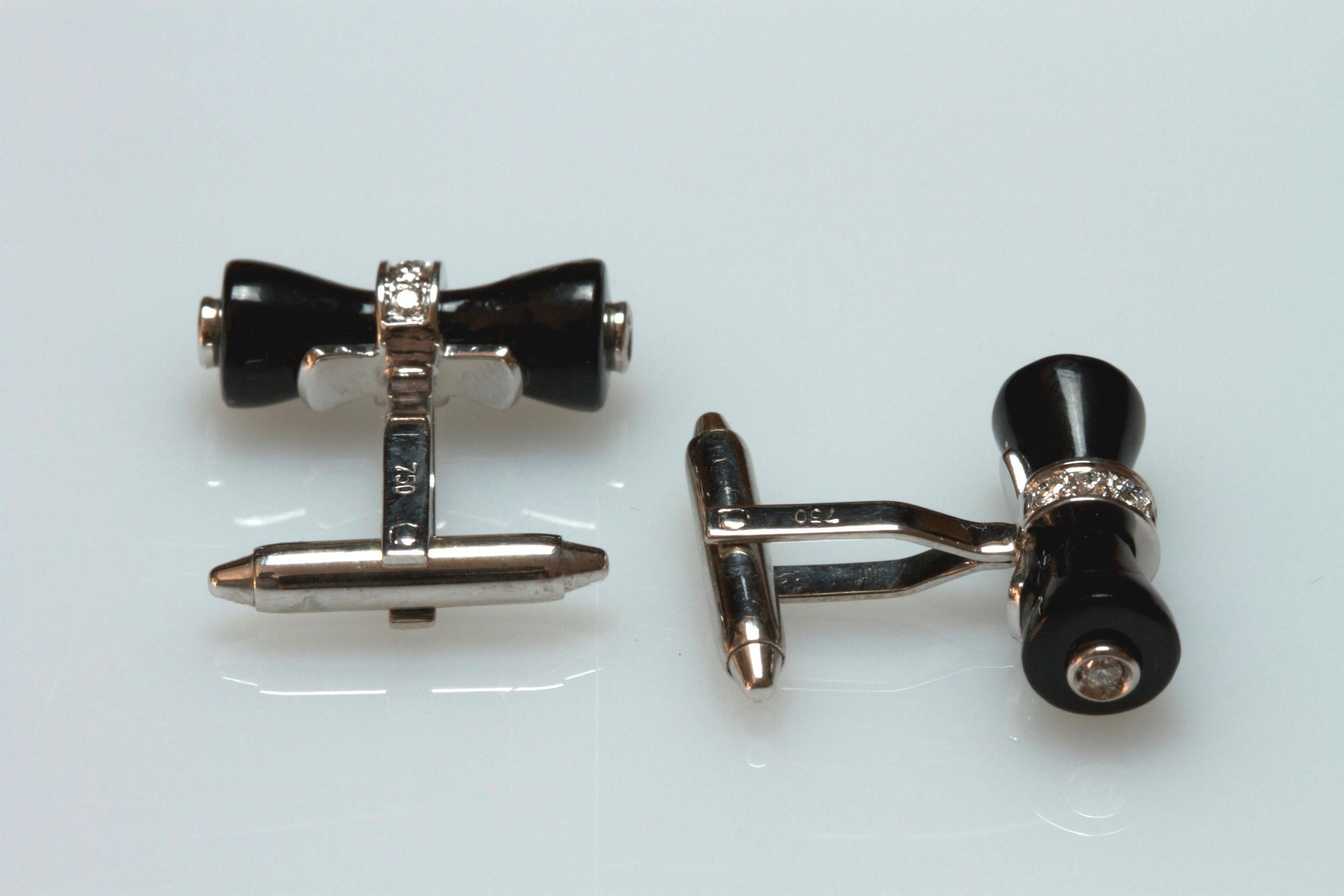 Women's or Men's 18 Karat White Gold Black Onyx Diamond Cufflinks For Sale