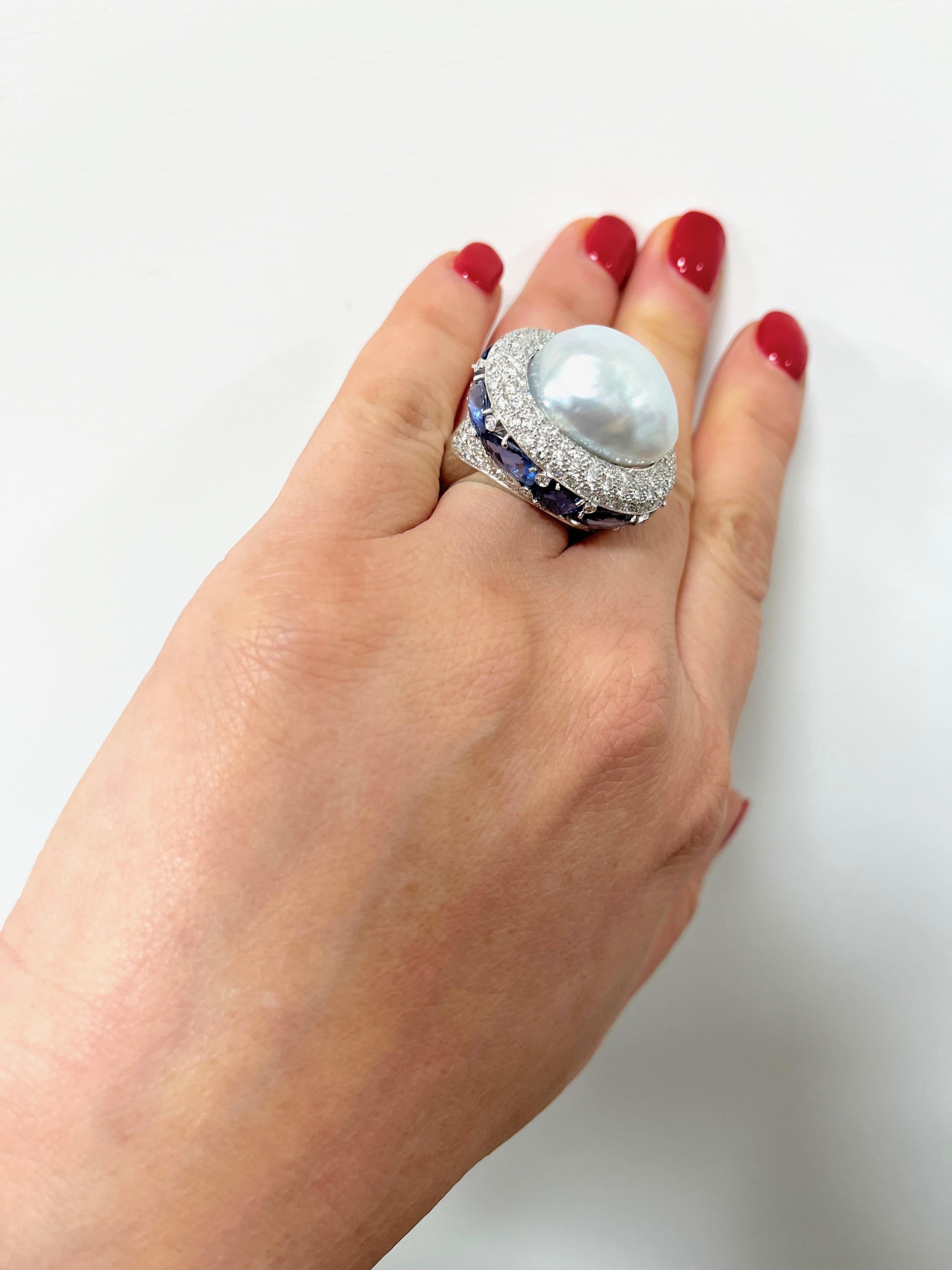 18 Karat White Gold Blue Sapphire Diamond Baroque Australian Pearl Cocktail Ring For Sale 5