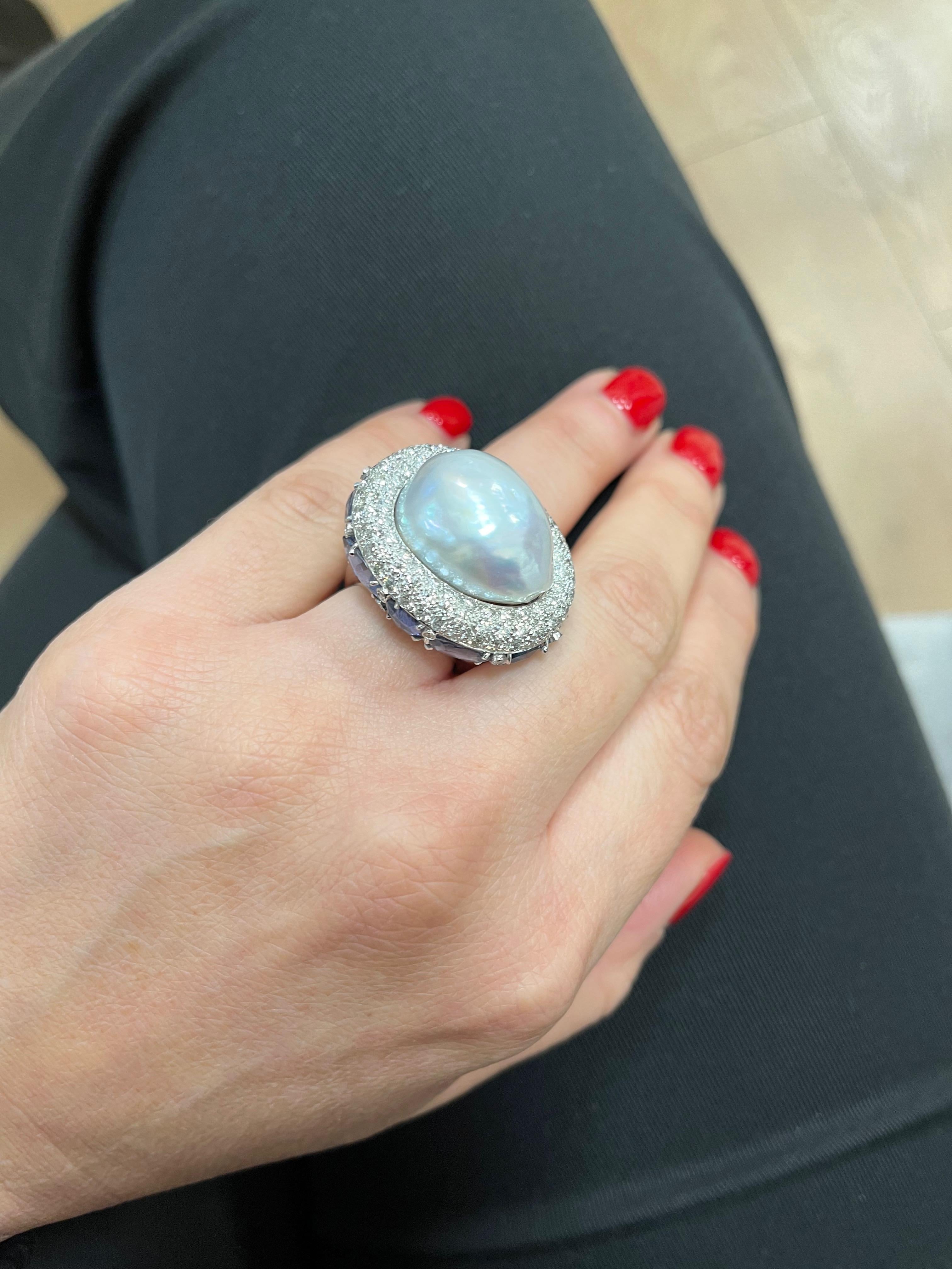 18 Karat White Gold Blue Sapphire Diamond Baroque Australian Pearl Cocktail Ring For Sale 6