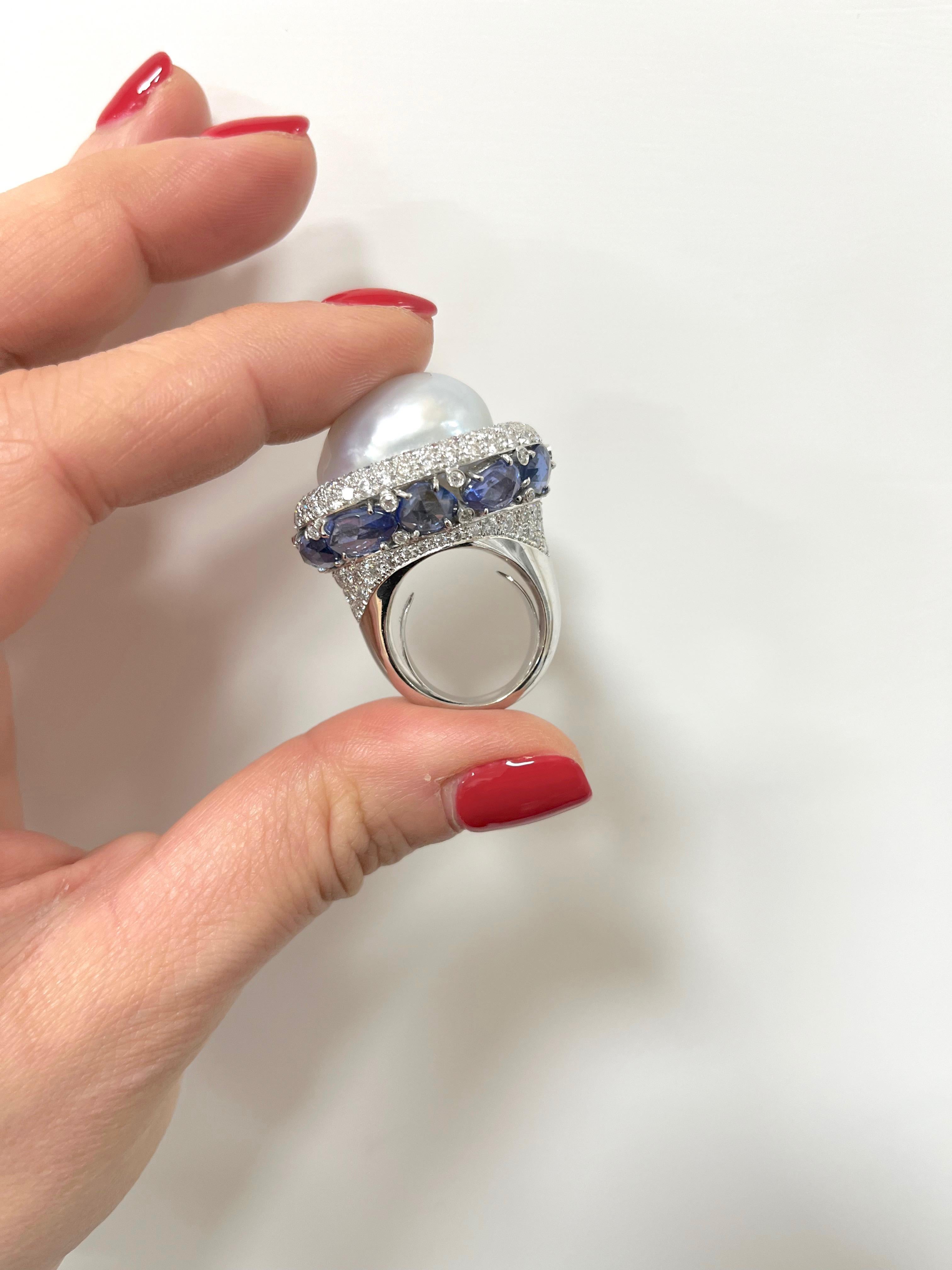 18 Karat White Gold Blue Sapphire Diamond Baroque Australian Pearl Cocktail Ring For Sale 7
