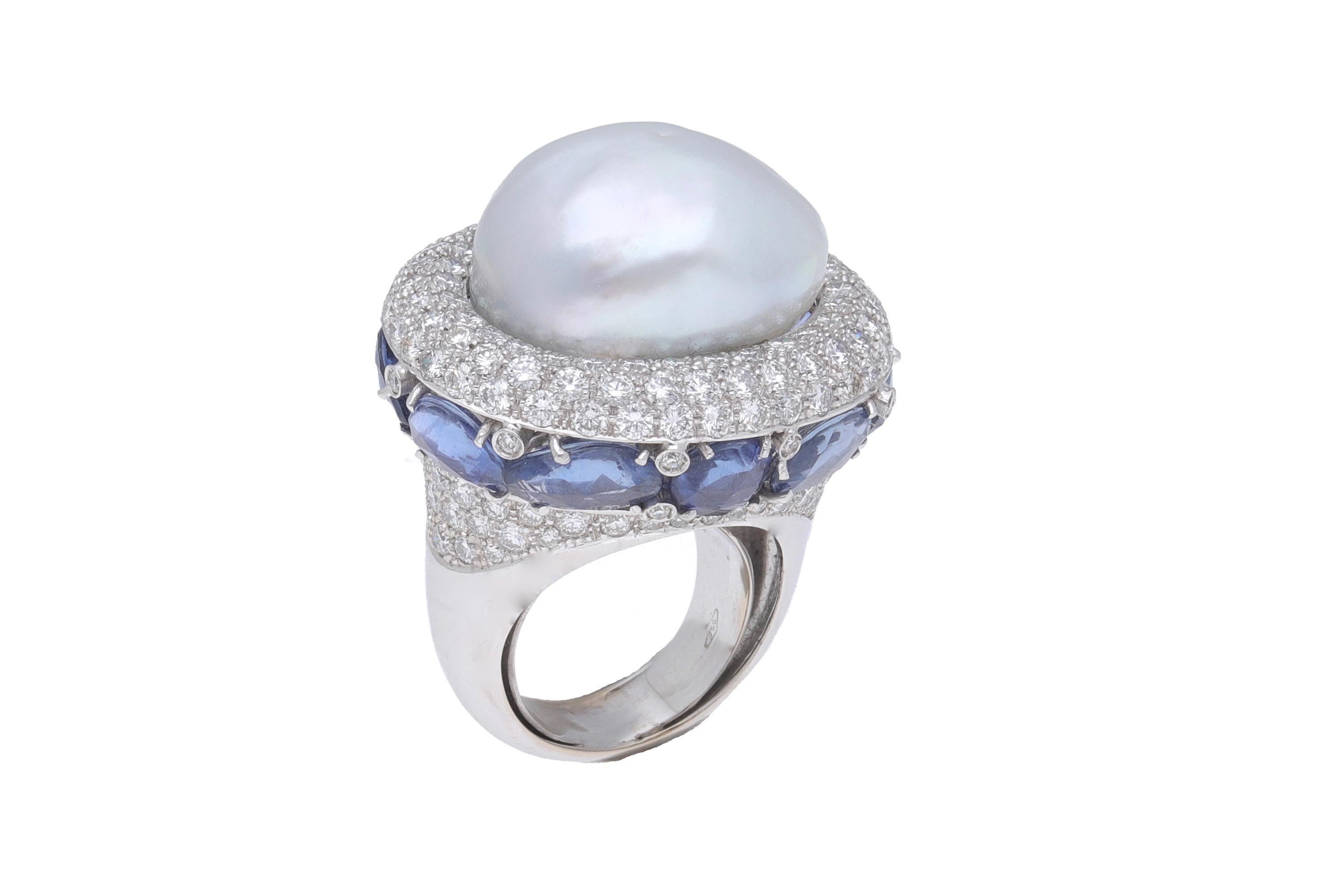 Modern 18 Karat White Gold Blue Sapphire Diamond Baroque Australian Pearl Cocktail Ring For Sale