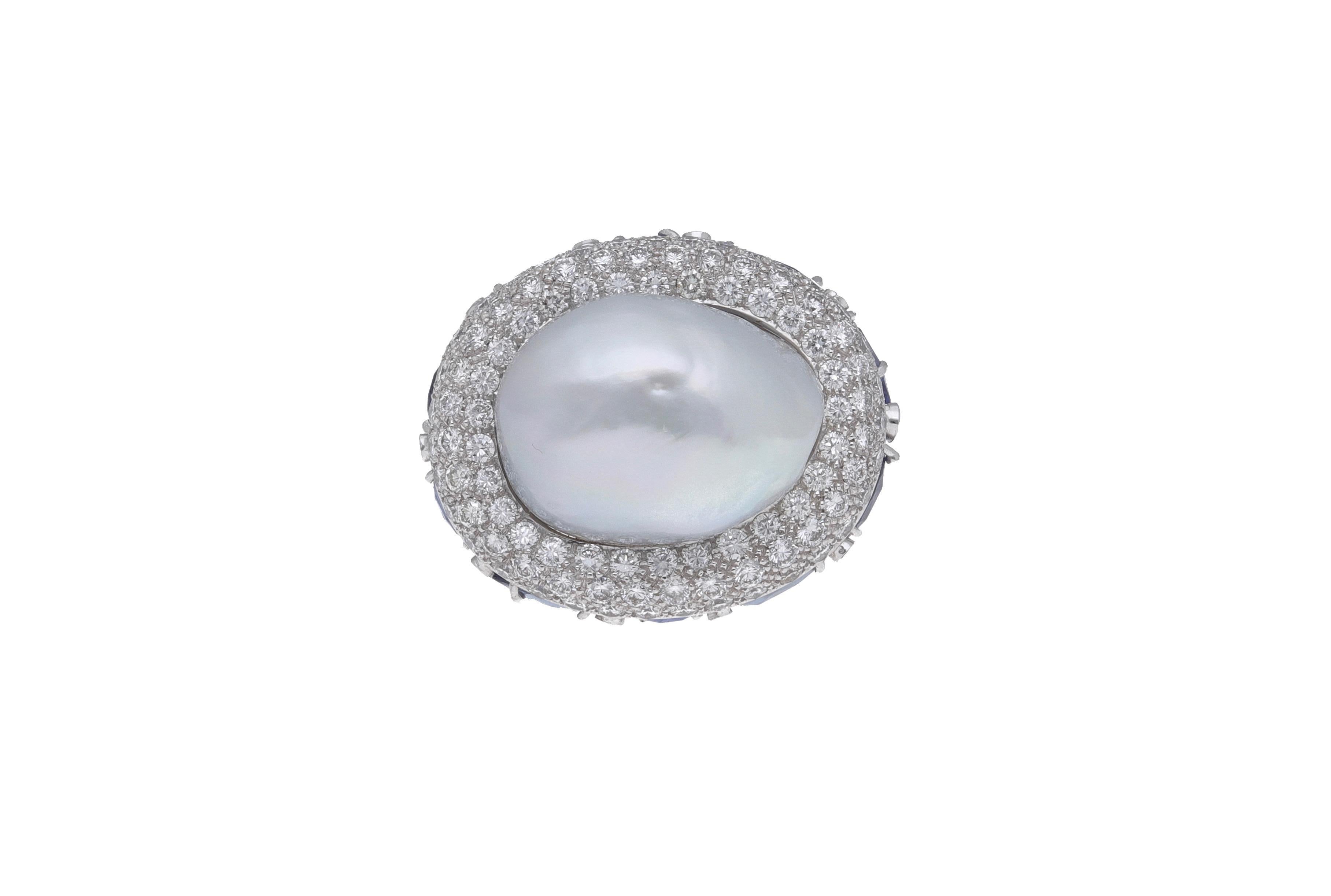 Round Cut 18 Karat White Gold Blue Sapphire Diamond Baroque Australian Pearl Cocktail Ring For Sale