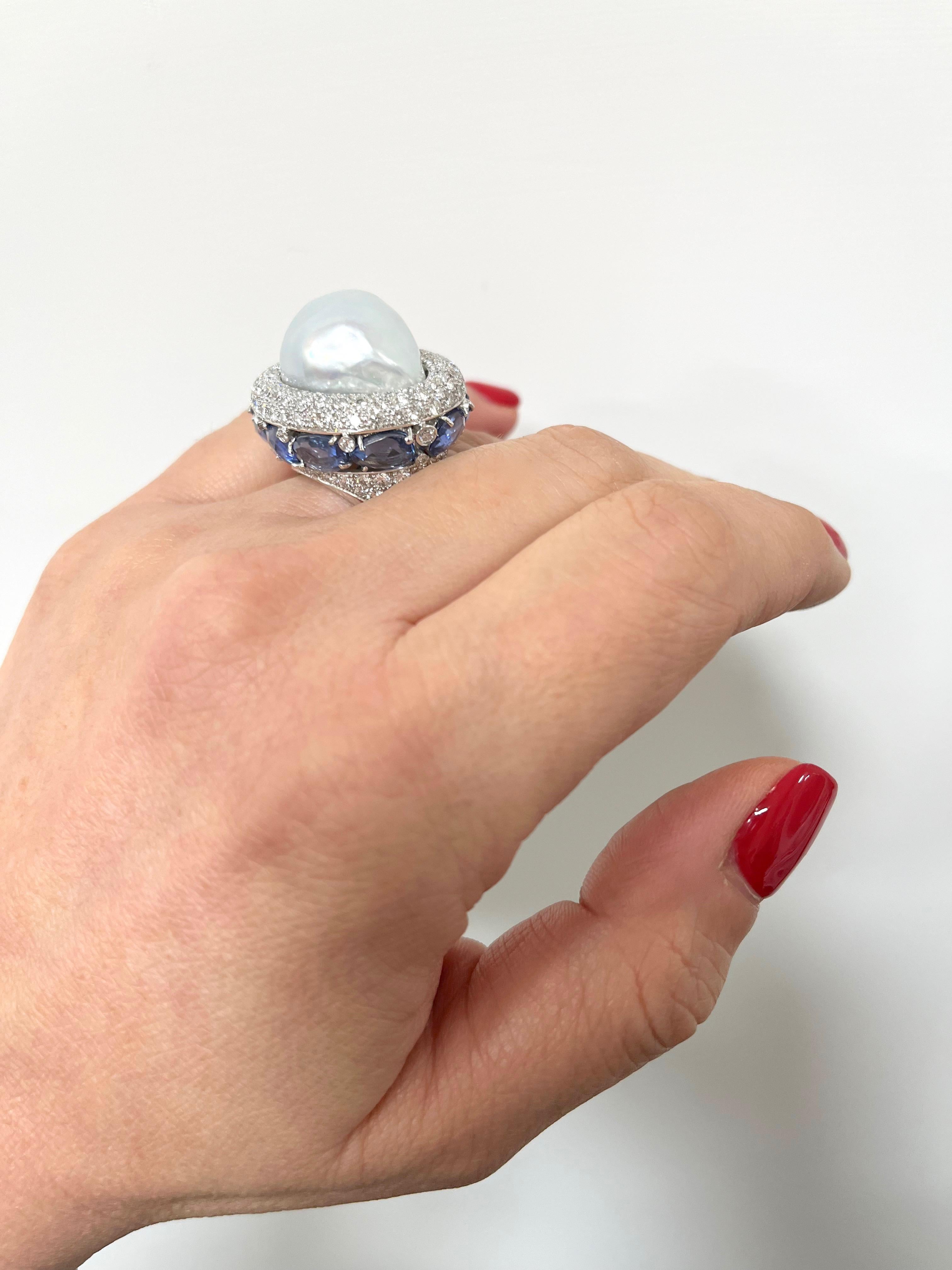18 Karat White Gold Blue Sapphire Diamond Baroque Australian Pearl Cocktail Ring For Sale 1