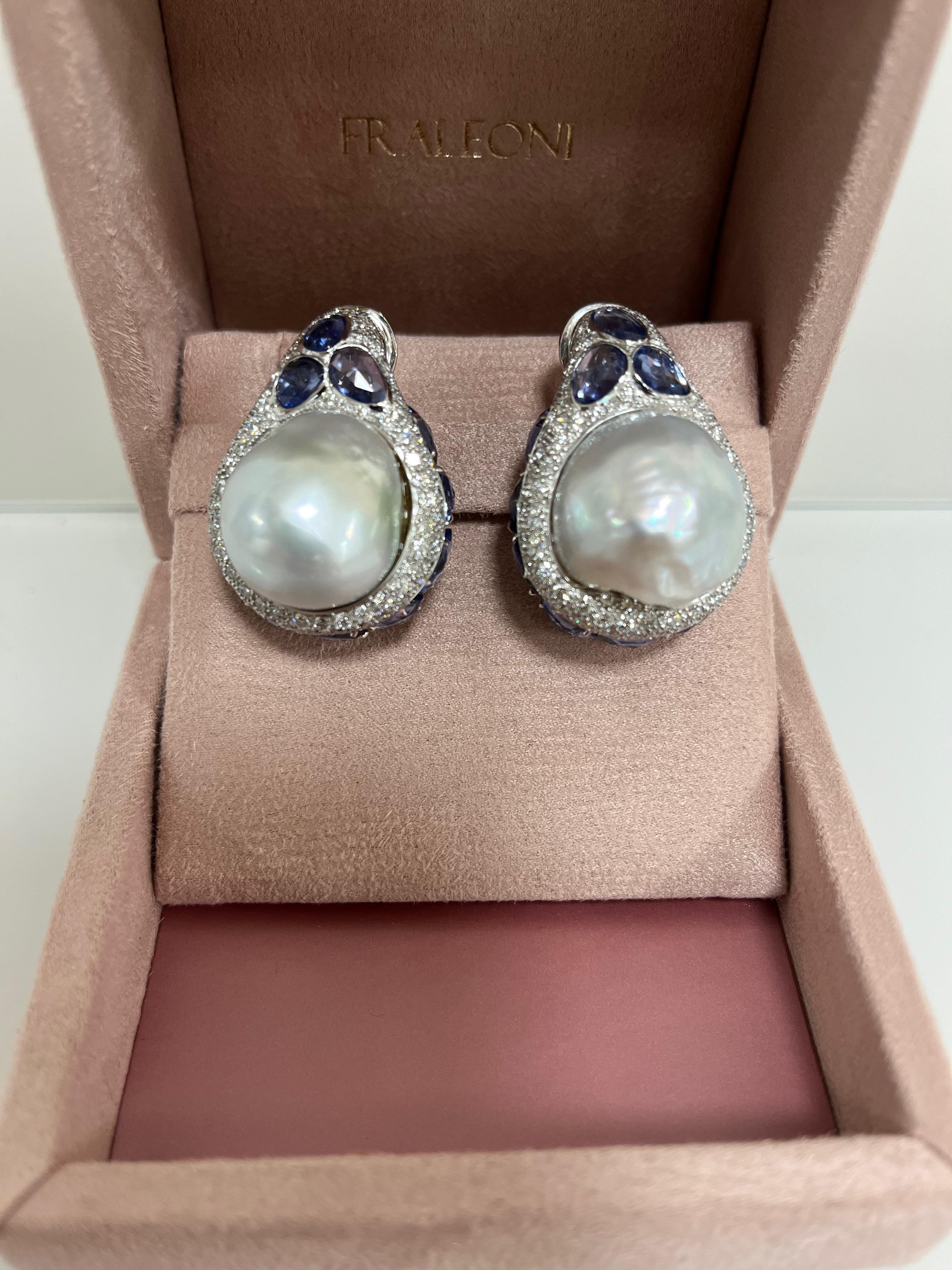 Modern 18kt. White Gold Blue Sapphire Diamond Baroque Pearls Earrings For Sale