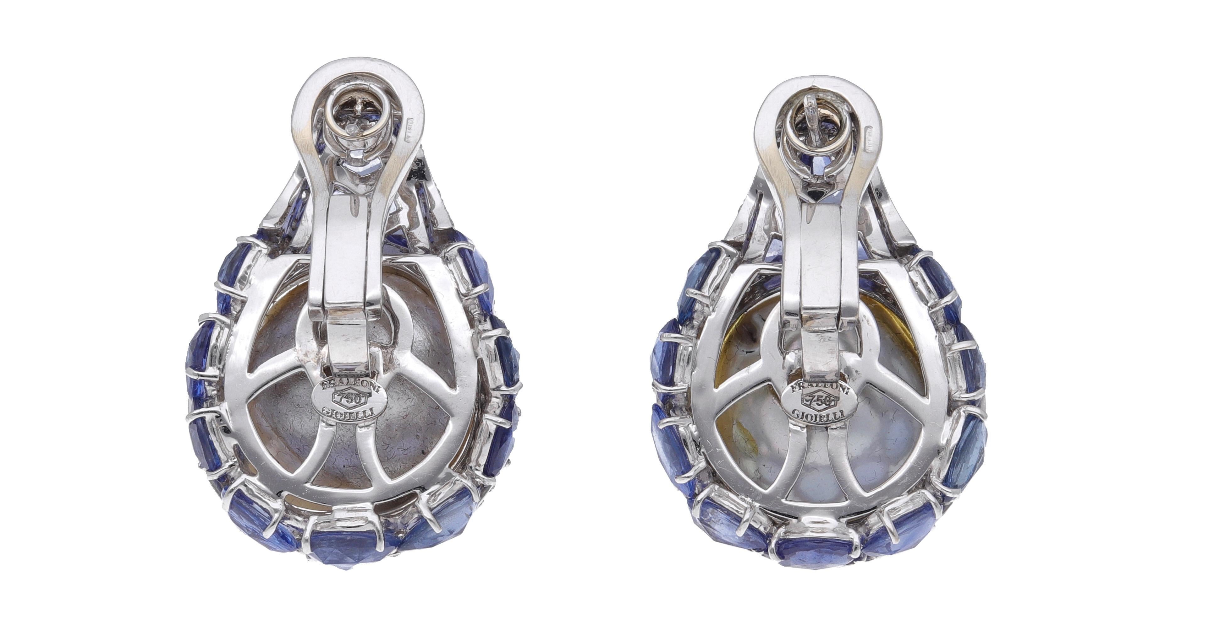 18kt. White Gold Blue Sapphire Diamond Baroque Pearls Earrings In New Condition For Sale In Rome, IT
