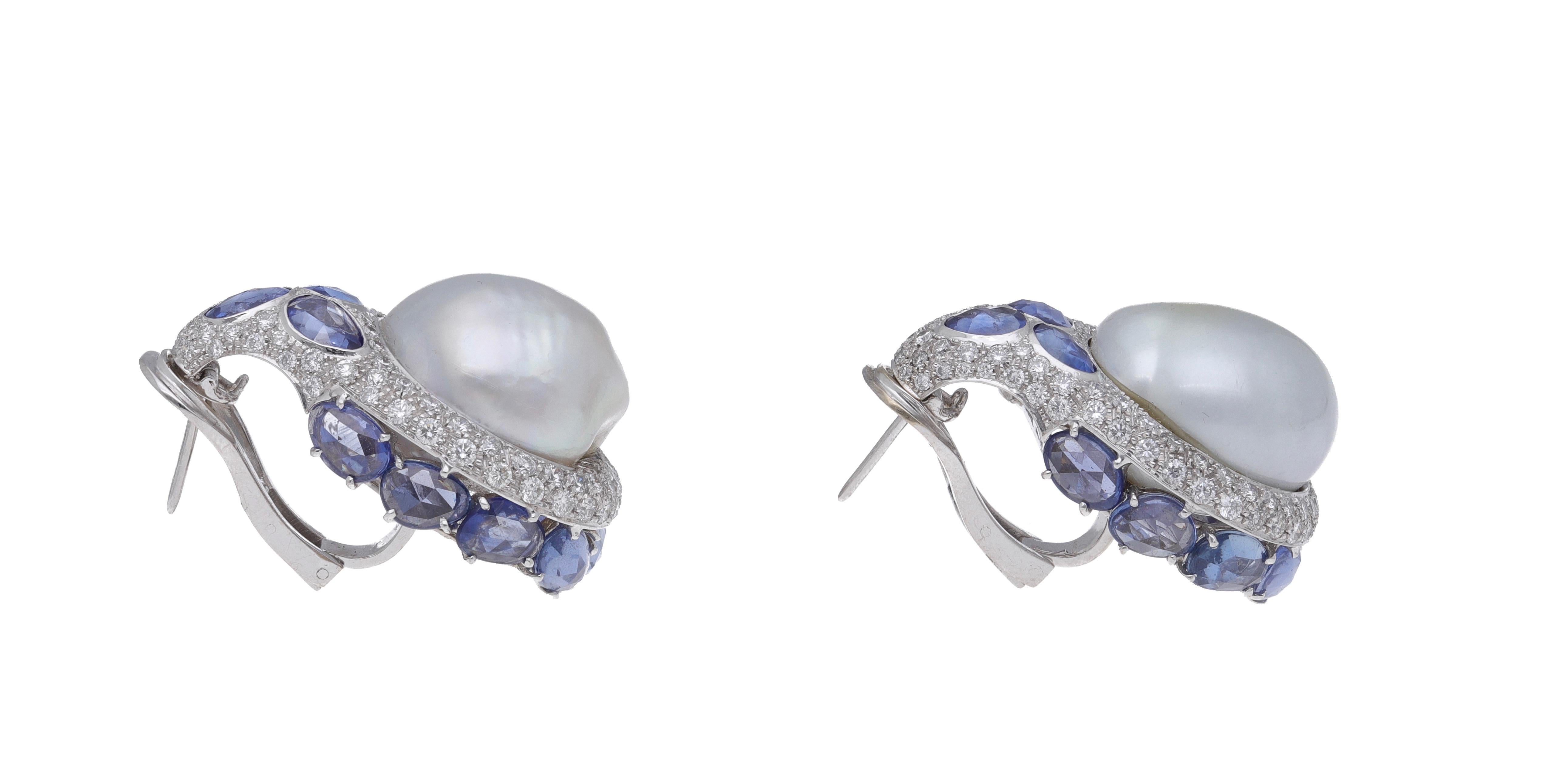 Women's 18kt. White Gold Blue Sapphire Diamond Baroque Pearls Earrings For Sale