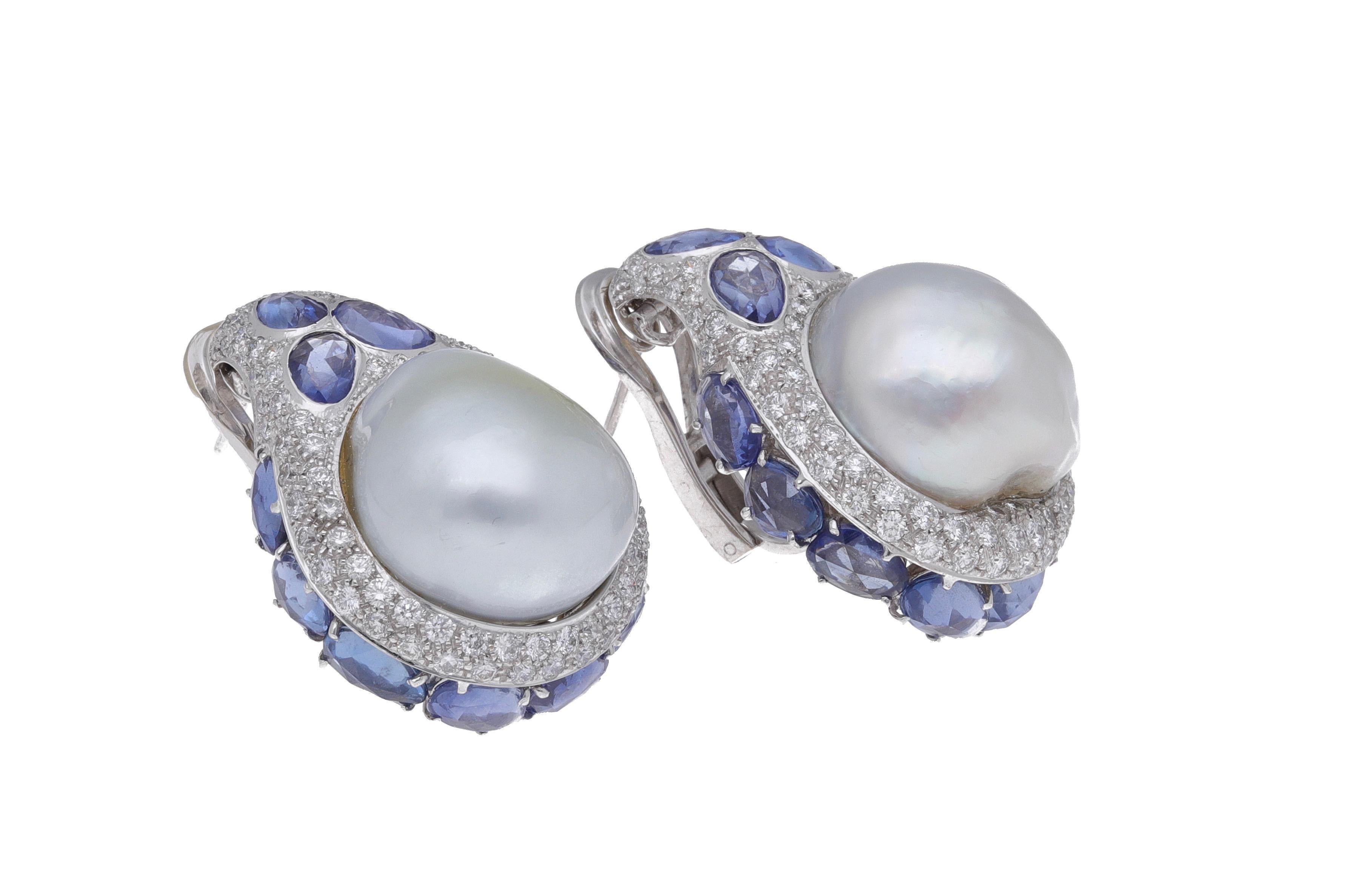 18kt. White Gold Blue Sapphire Diamond Baroque Pearls Earrings For Sale 1