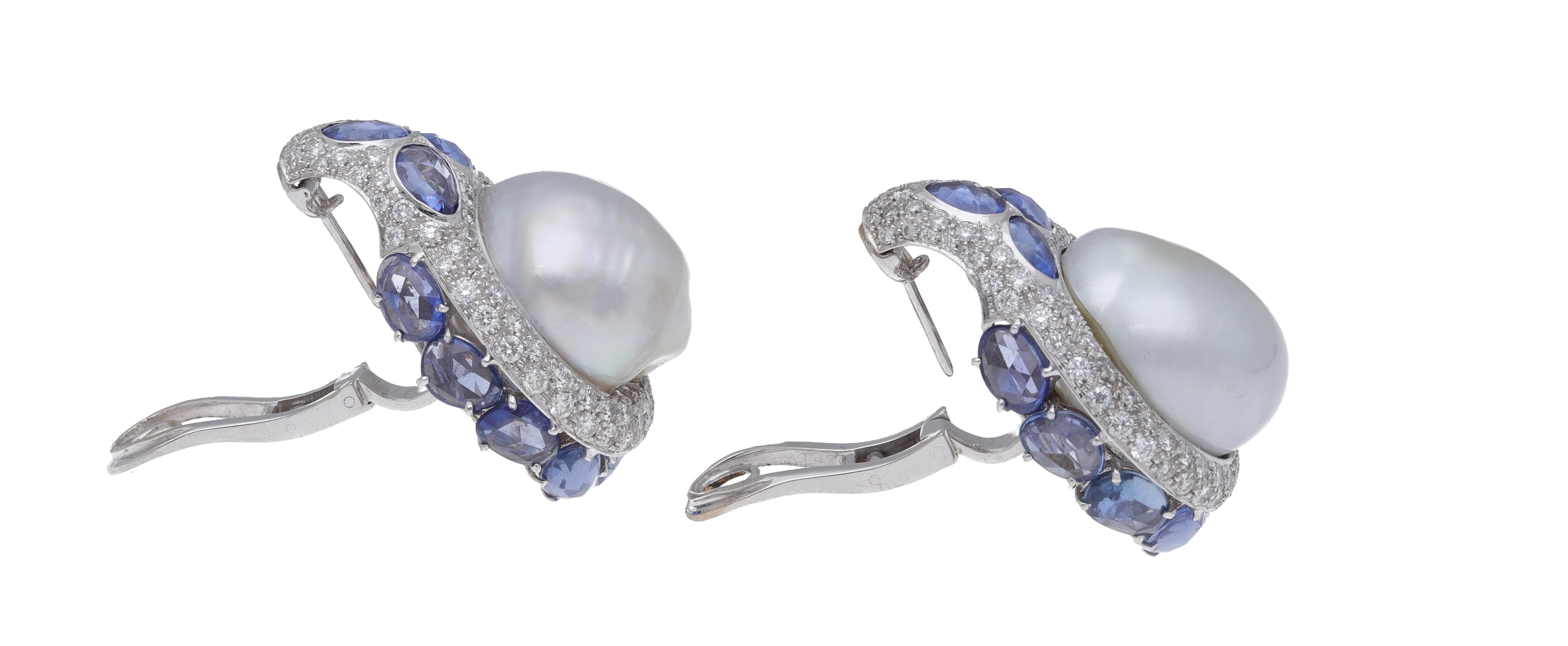 18kt. White Gold Blue Sapphire Diamond Baroque Pearls Earrings For Sale 2
