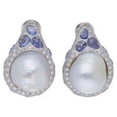 18kt. White Gold Blue Sapphire Diamond Baroque Pearls Earrings