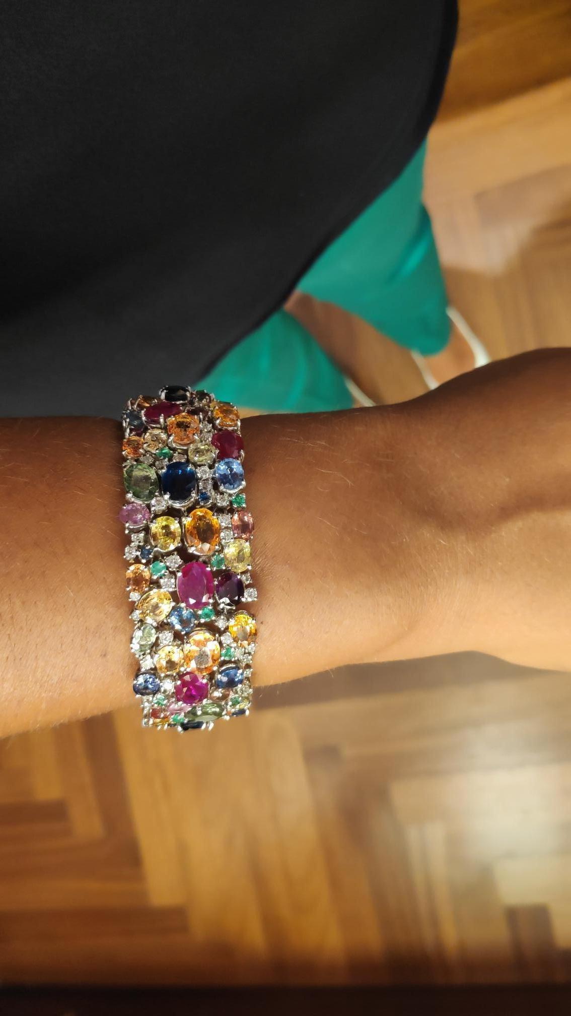 Women's or Men's 18 Kt Gold Bracelet Multicolored Sapphires, Emeralds, Rubies and Diamonds For Sale