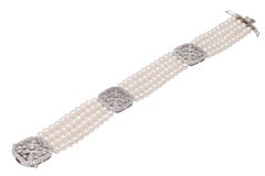 18 kt. White Gold Bracelet with 4 Rows of Pearls and 1.06 ct. Diamonds