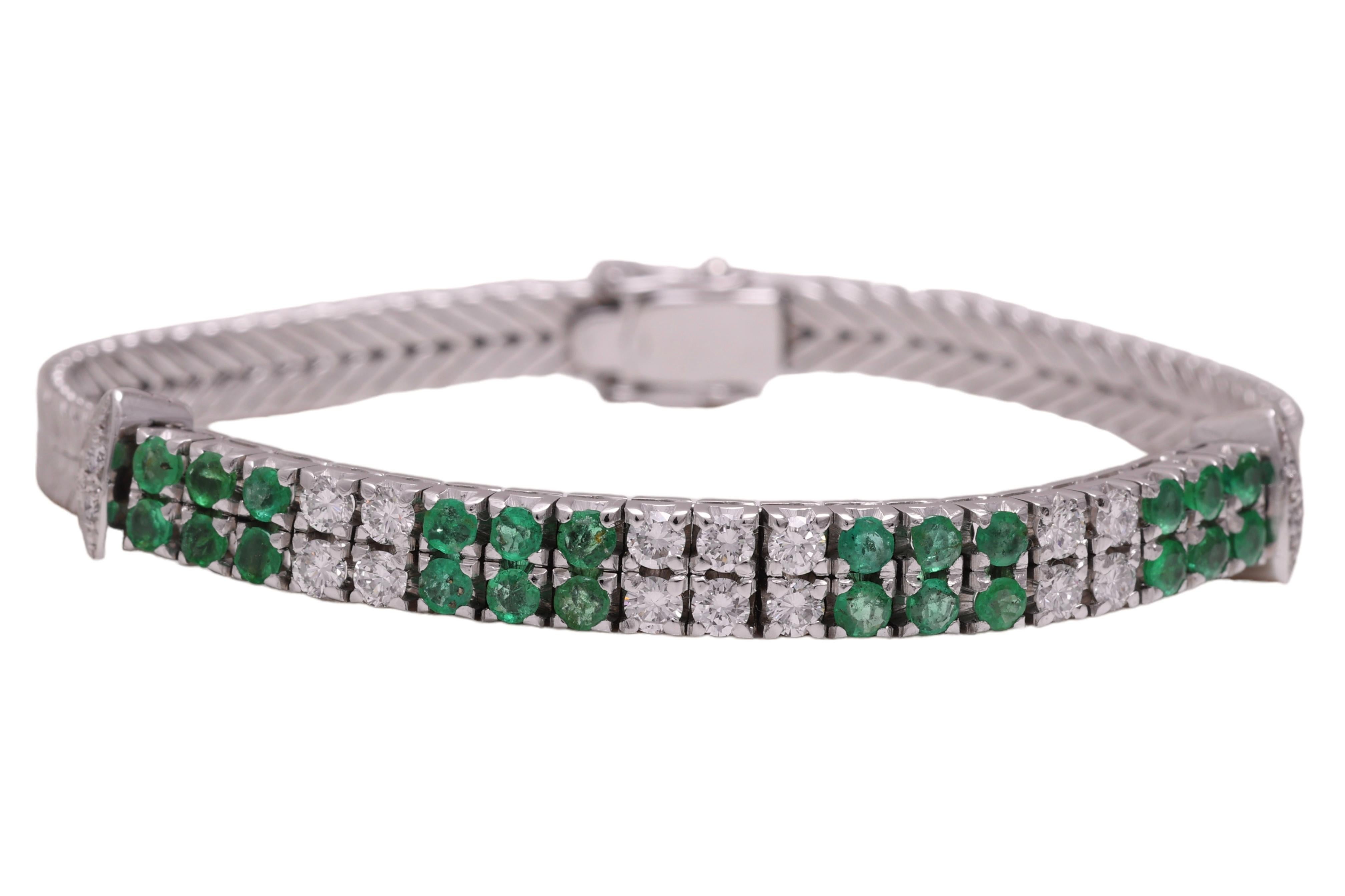 Artisan 18 kt. White Gold Bracelet With Emeralds and 1.04 ct. Diamonds For Sale