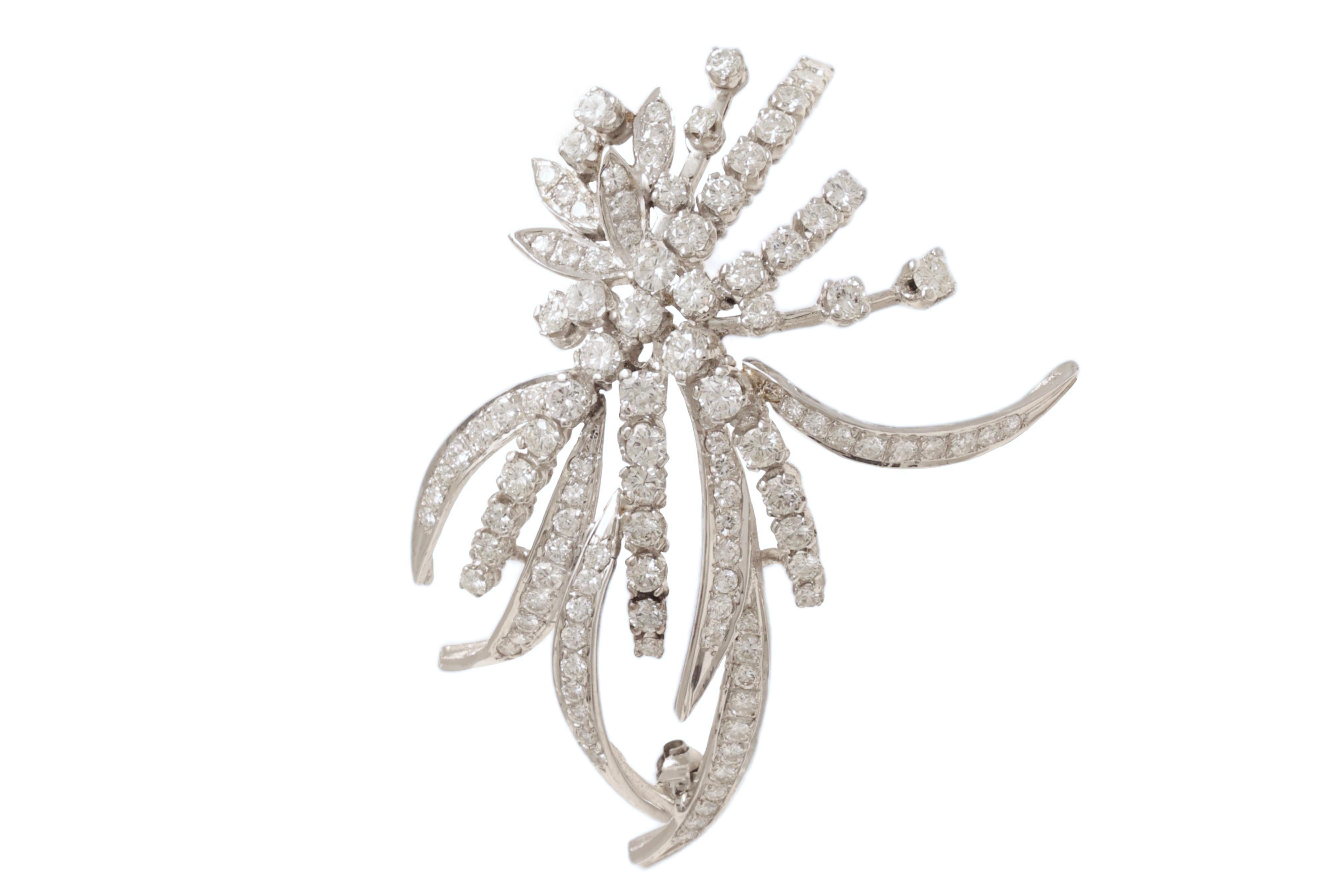 Gorgeous 18 kt. White Gold Brooch set with 6.5 ct. Brilliant cut Diamonds

Diamonds: Brilliant cut diamonds together 6.5 ct. 

Material: 18 kt. White Gold

Measurements: 57 mm x 45 mm x 11.8 mm

Total weight: 15.3 gram / 0.540 oz / 9.8 dwt

Brooch