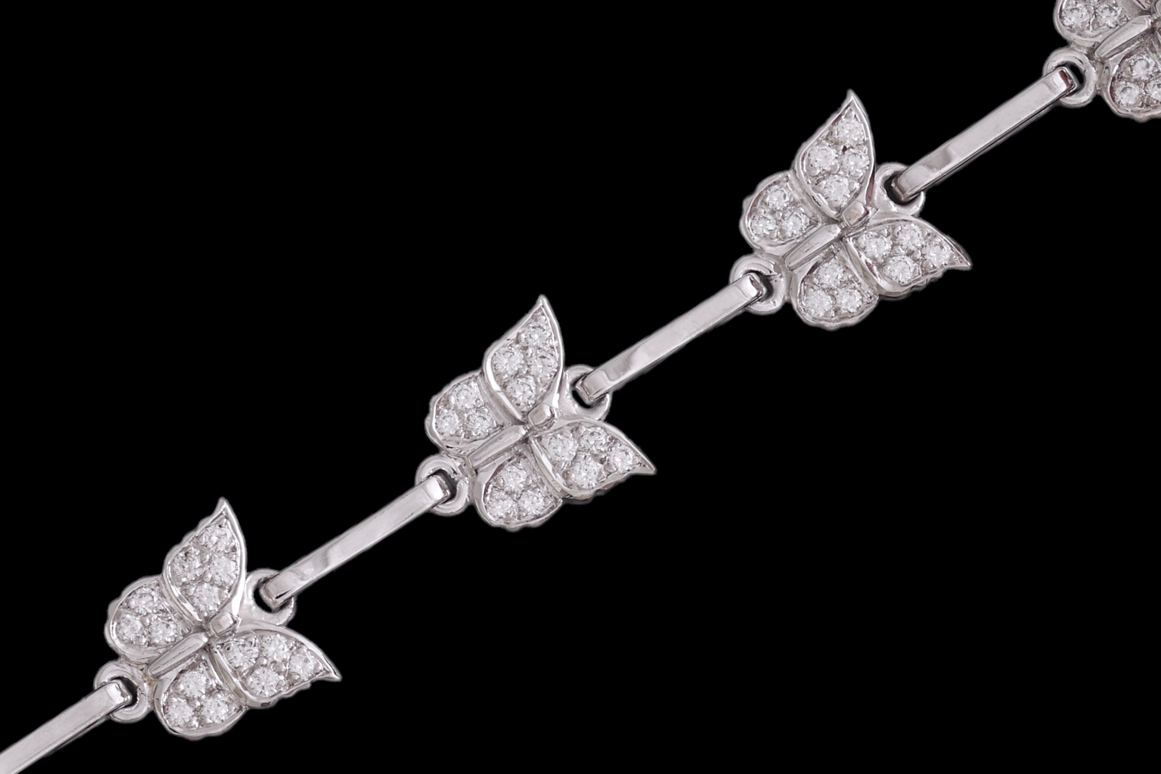 Gorgeous 18 kt. White Gold Butterfly Bracelet Set with 1.32 ct. Diamonds

Diamonds: Brilliant cut diamonds together 1.32 ct.

Material: 18 kt. Solid White gold

Measurements: Will max fit a 19 cm wrist. ( can be adjusted by our goldsmith )

Total