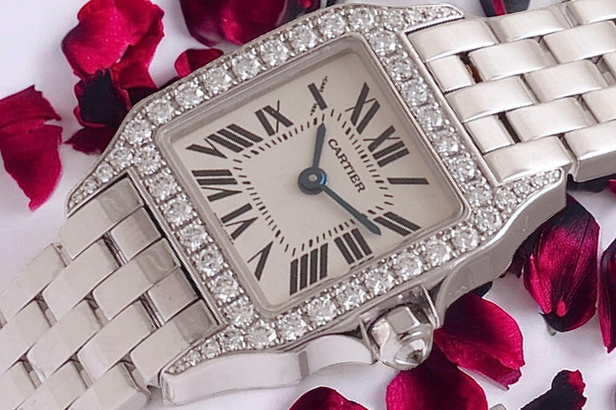 18 kt White Gold Cartier Santos Demoiselle Ladies Wristwatch With Box and Papers For Sale 6