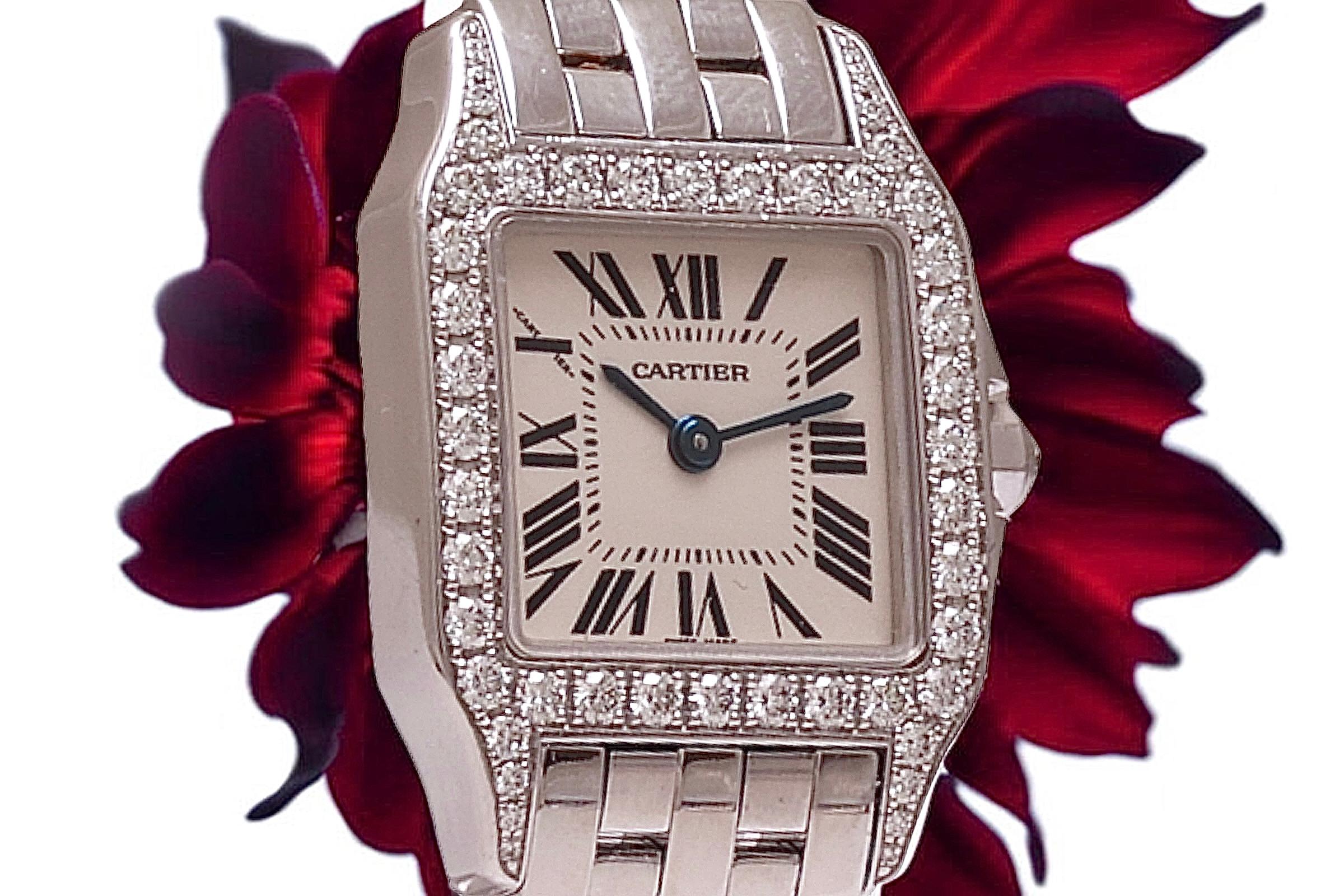 18 kt White Gold Cartier Santos Demoiselle Ladies Wristwatch With Box and Papers For Sale 7