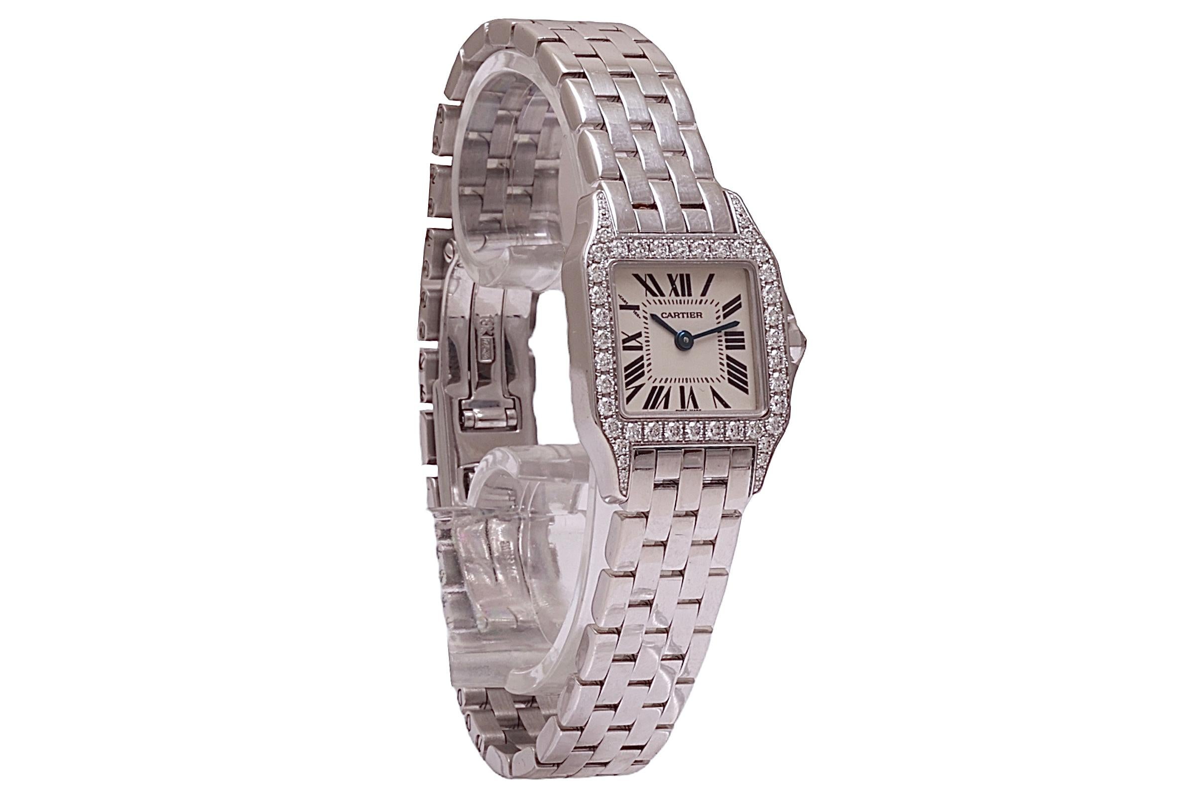 Brilliant Cut 18 kt White Gold Cartier Santos Demoiselle Ladies Wristwatch With Box and Papers For Sale