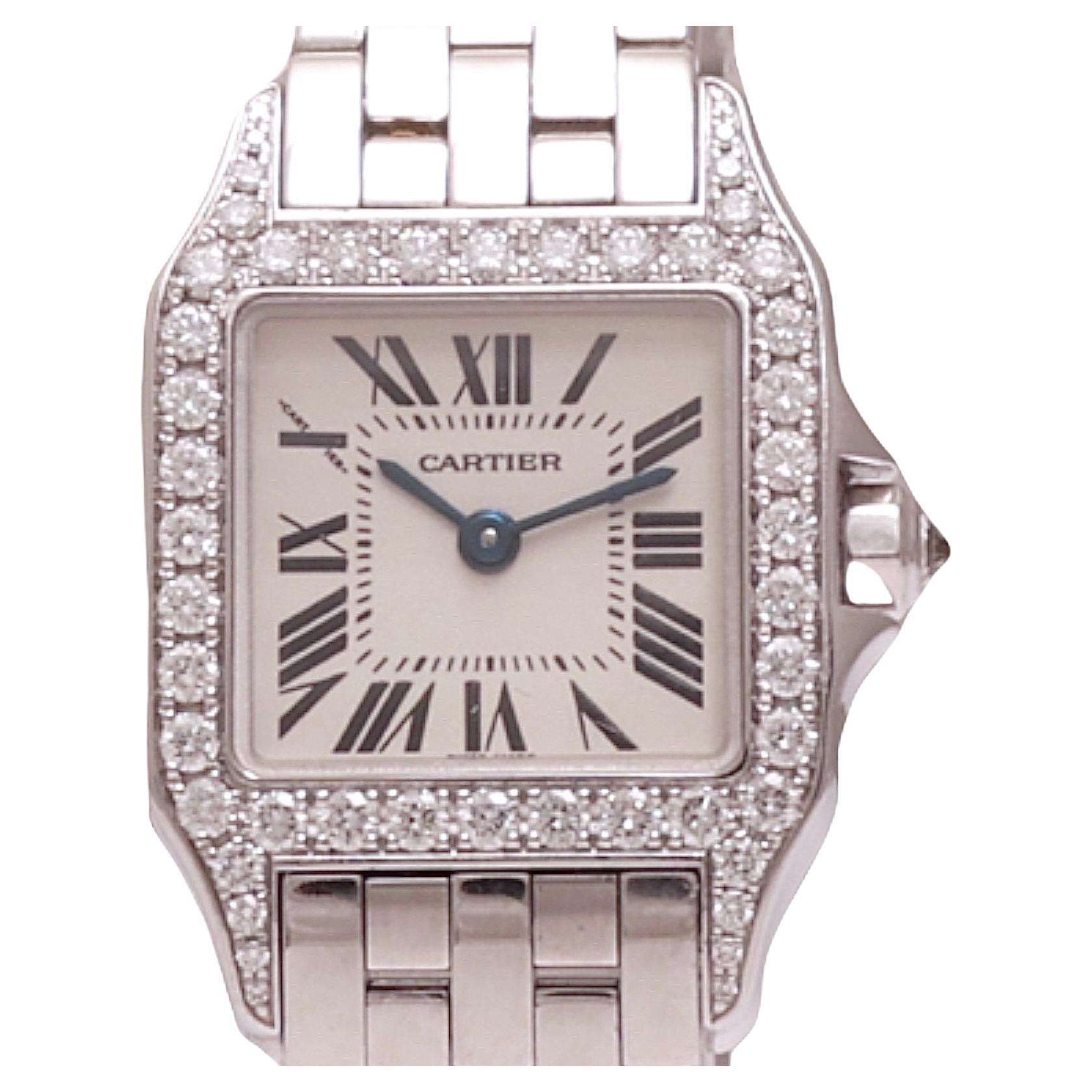 18 kt White Gold Cartier Santos Demoiselle Ladies Wristwatch With Box and Papers For Sale
