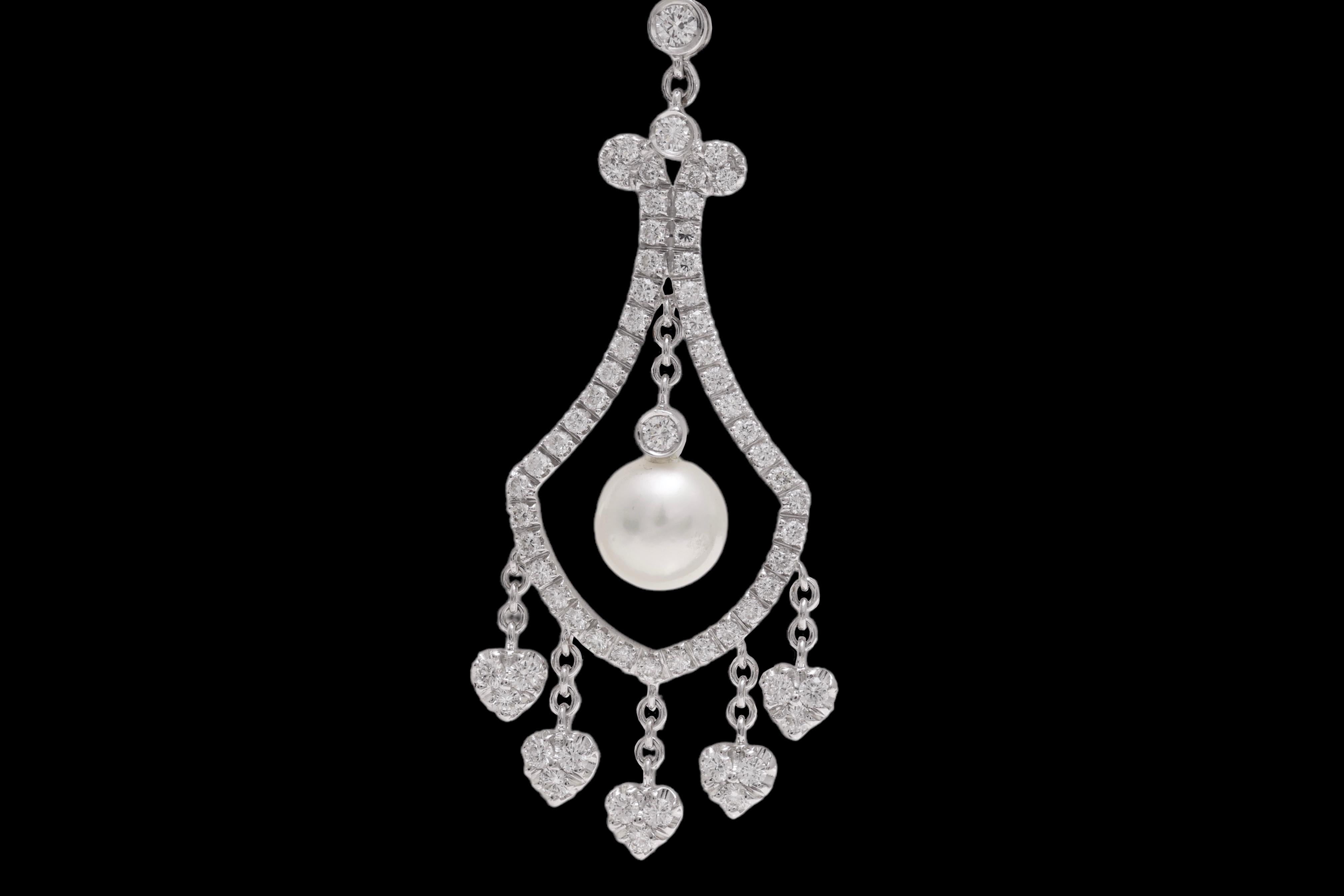 Taille brillant Boucles d'oreilles chandelier / pendantes en or blanc 18 kt. avec perles et 2.47 ct. Diamants en vente