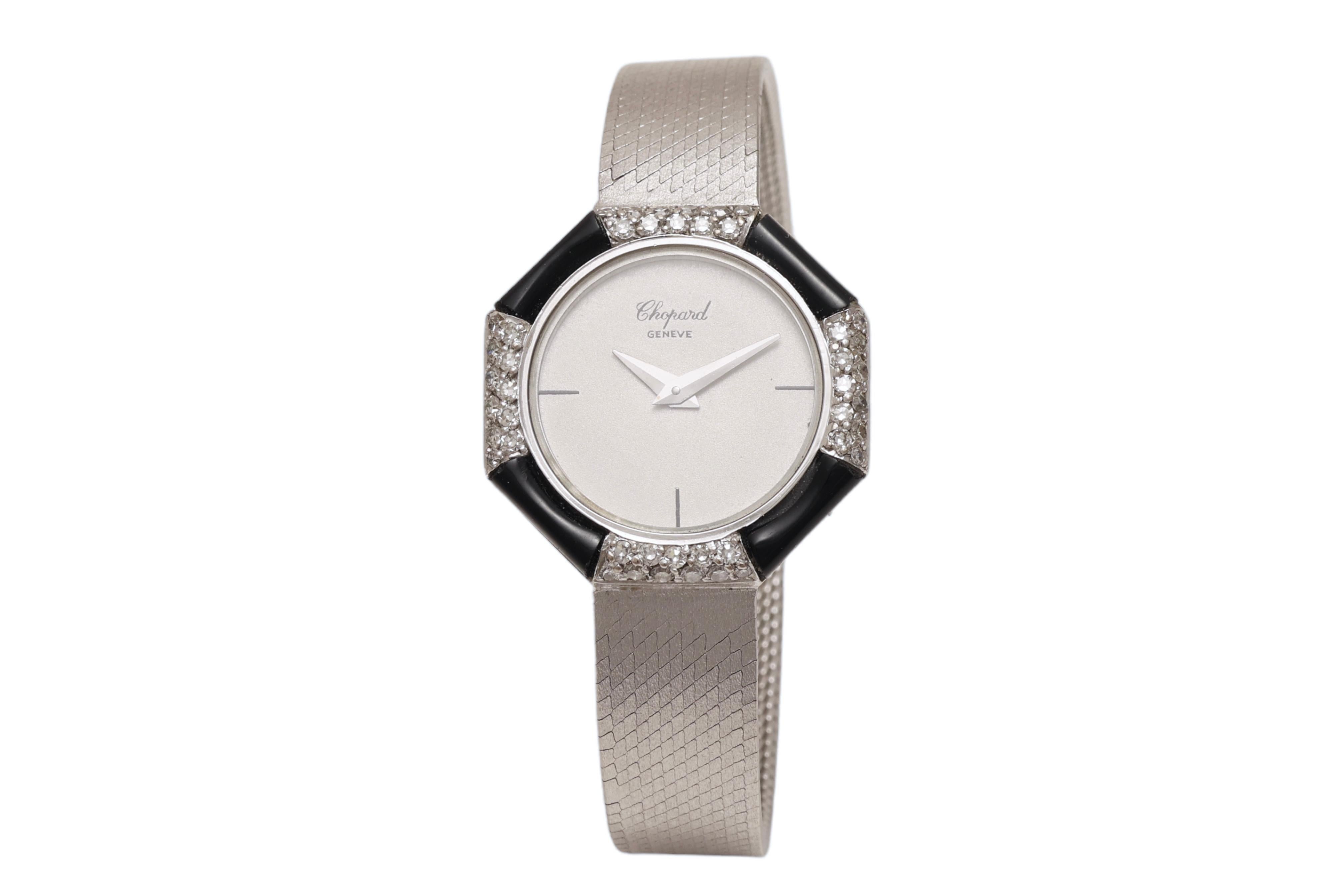 Artisan 18 Kt White Gold Chopard Onyx & Diamonds Lady Wrist Dress Watch For Sale