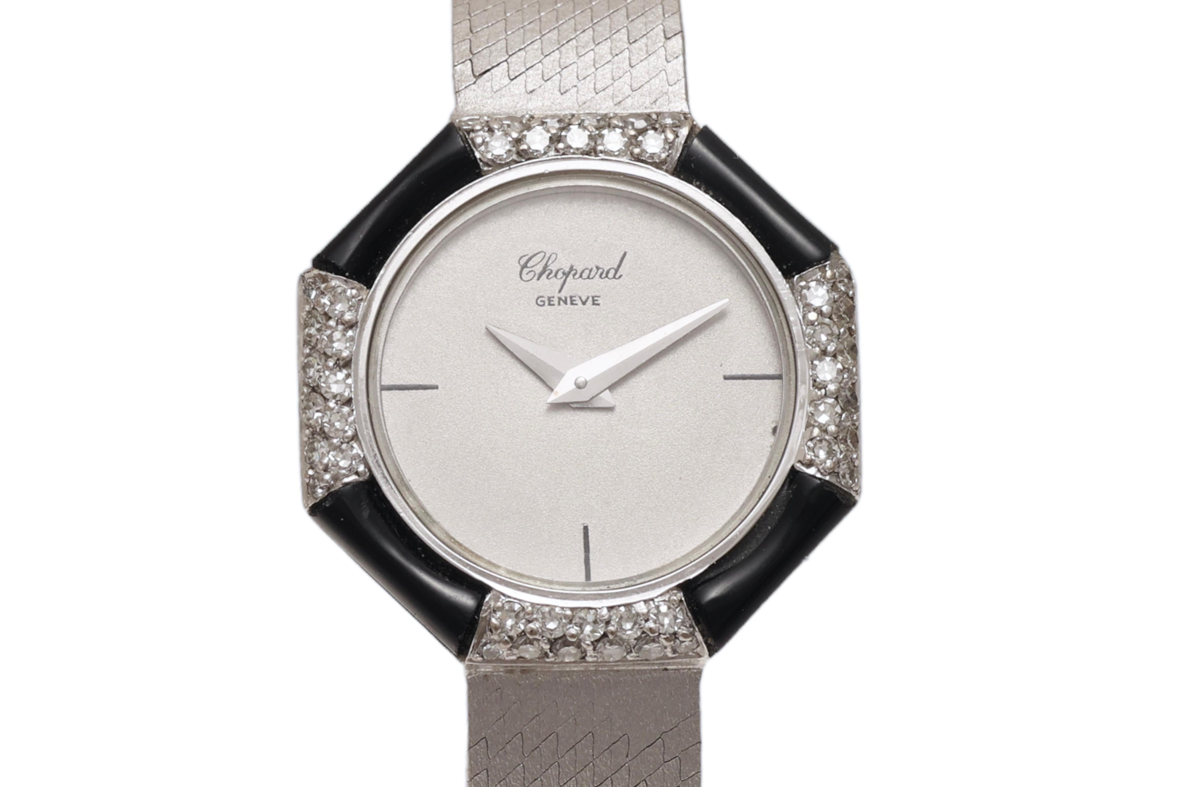 Women's 18 Kt White Gold Chopard Onyx & Diamonds Lady Wrist Dress Watch For Sale
