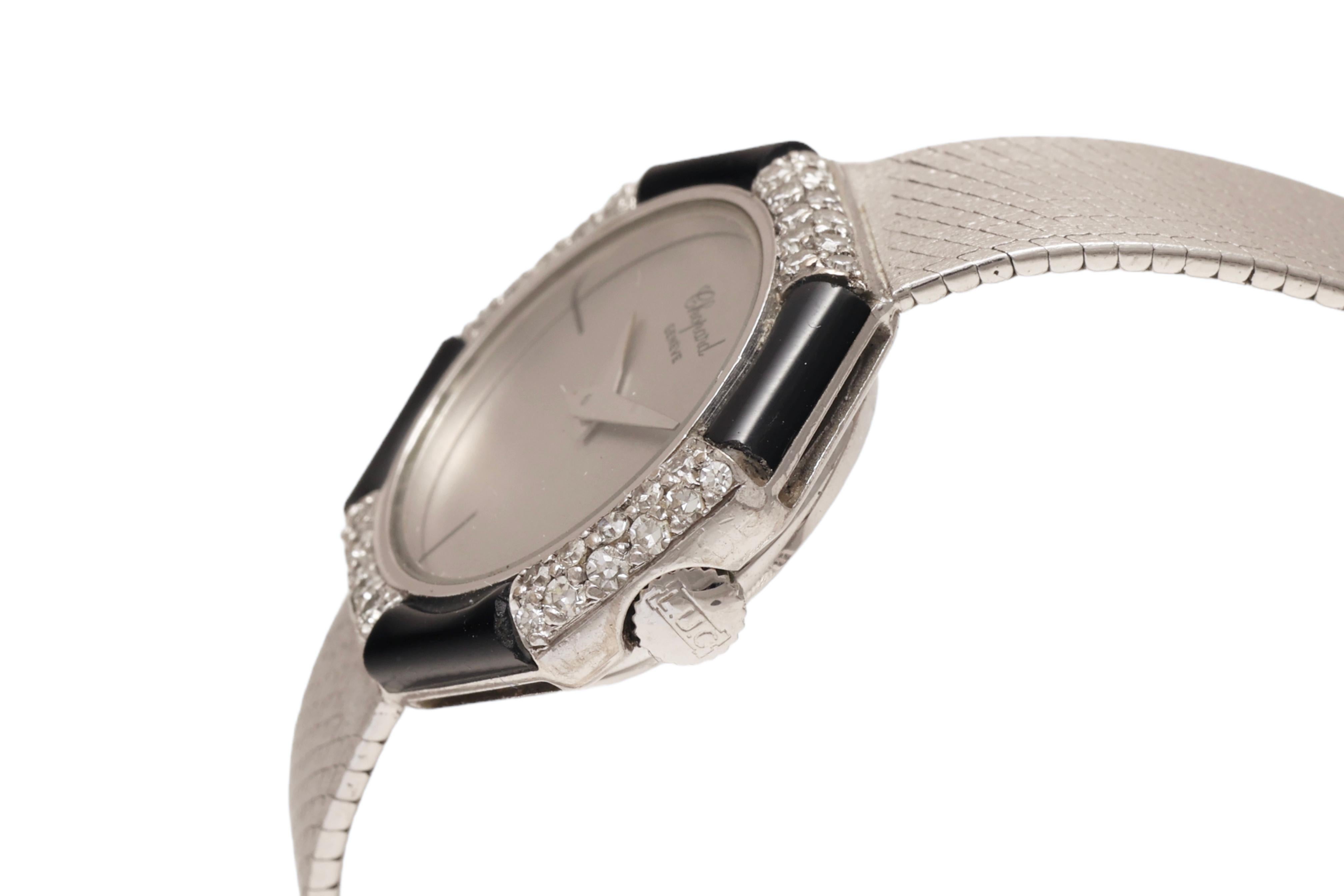 18 Kt White Gold Chopard Onyx & Diamonds Lady Wrist Dress Watch For Sale 2