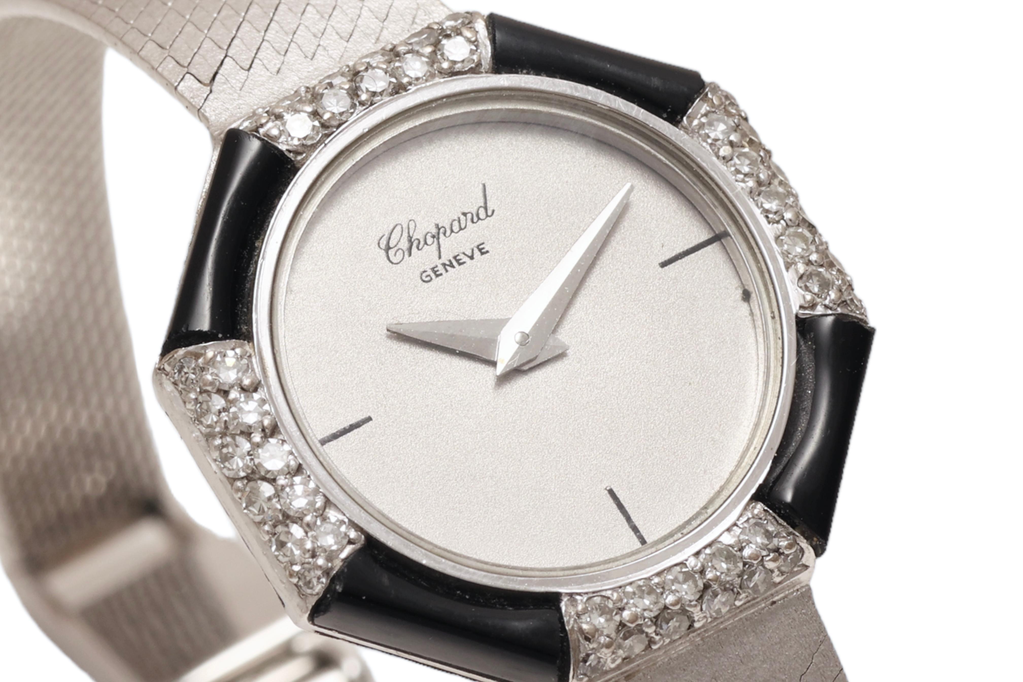 18 Kt White Gold Chopard Onyx & Diamonds Lady Wrist Dress Watch For Sale 3