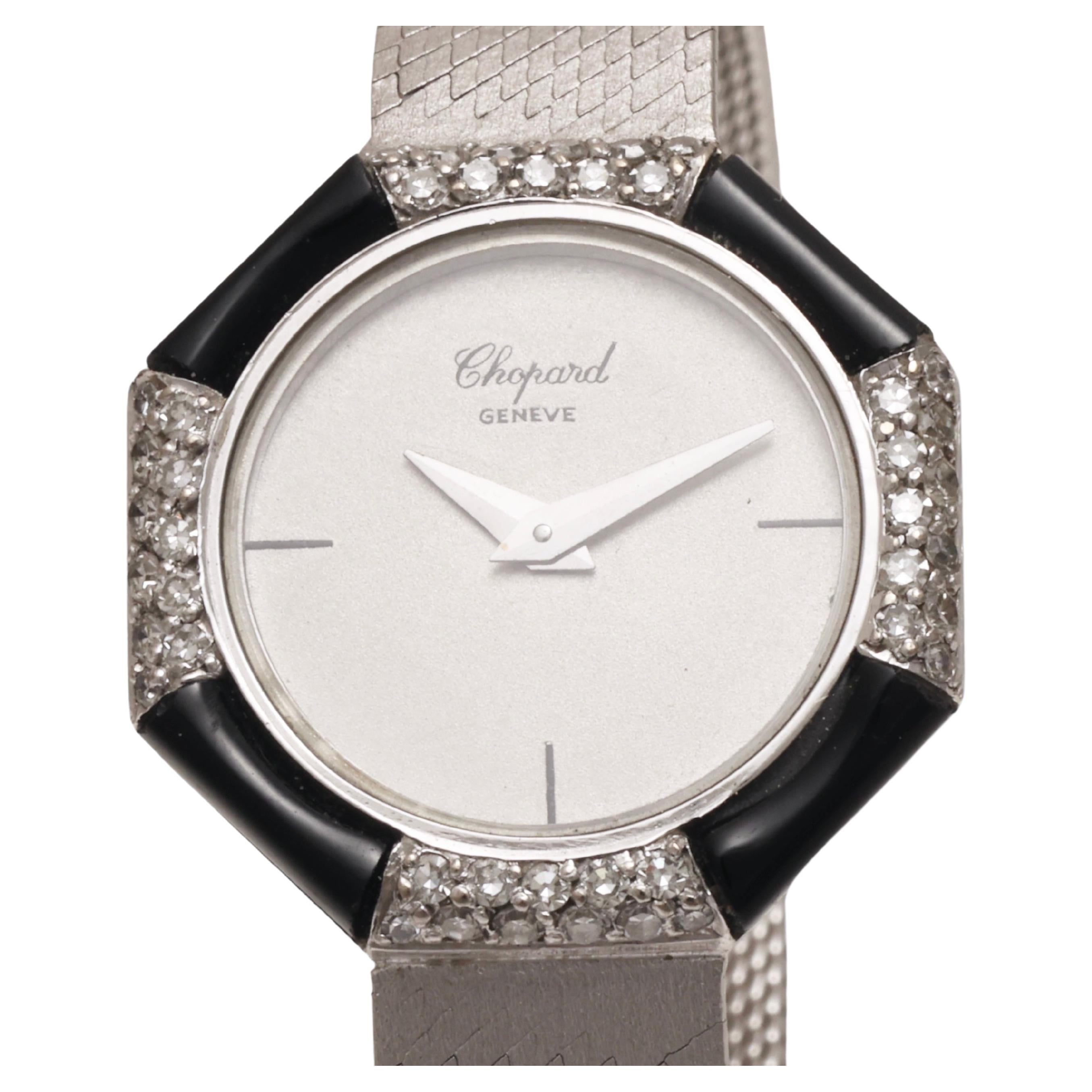 18 Kt White Gold Chopard Onyx & Diamonds Lady Wrist Dress Watch For Sale